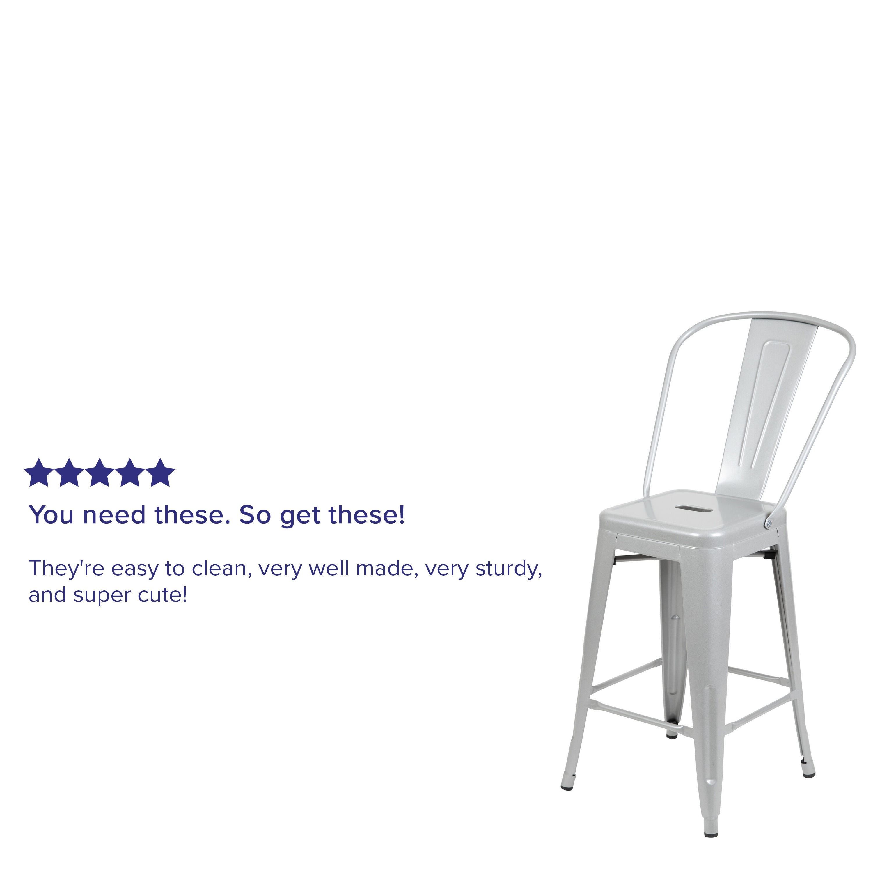 Kai Commercial Grade 24" High Silver Metal Indoor-Outdoor Counter Height Stool with Removable Back