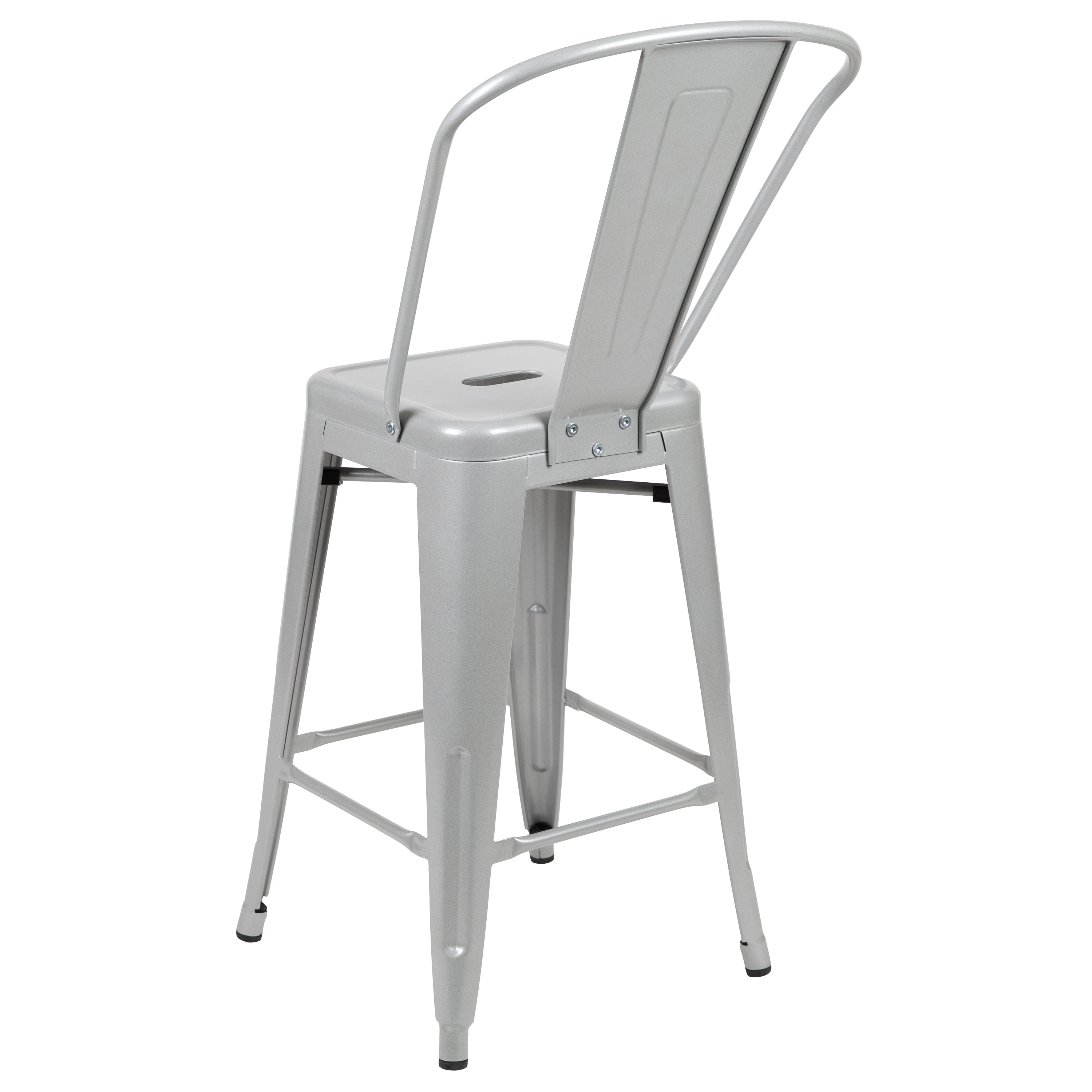 Kai Commercial Grade 24" High Silver Metal Indoor-Outdoor Counter Height Stool with Removable Back