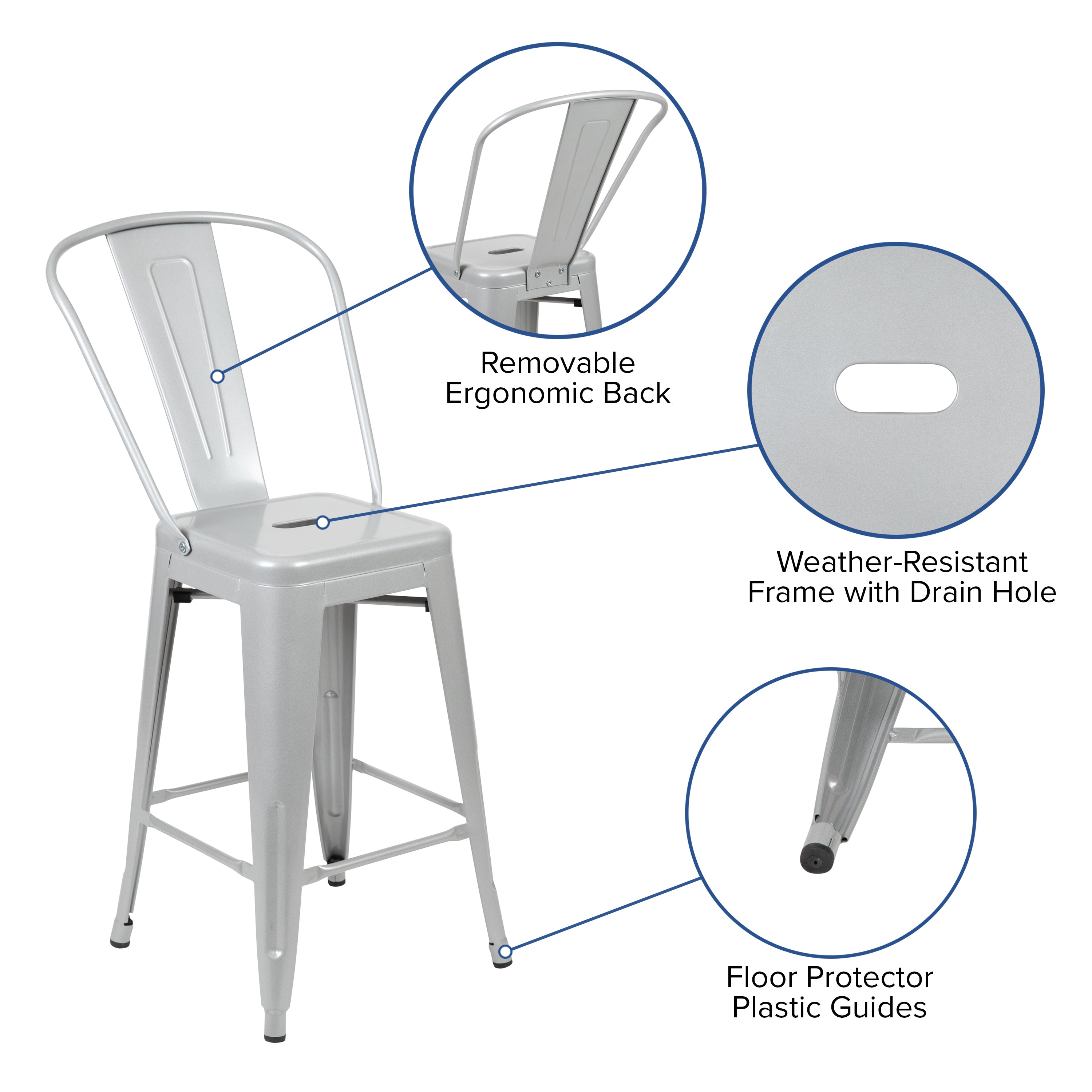 Kai Commercial Grade 24" High Silver Metal Indoor-Outdoor Counter Height Stool with Removable Back