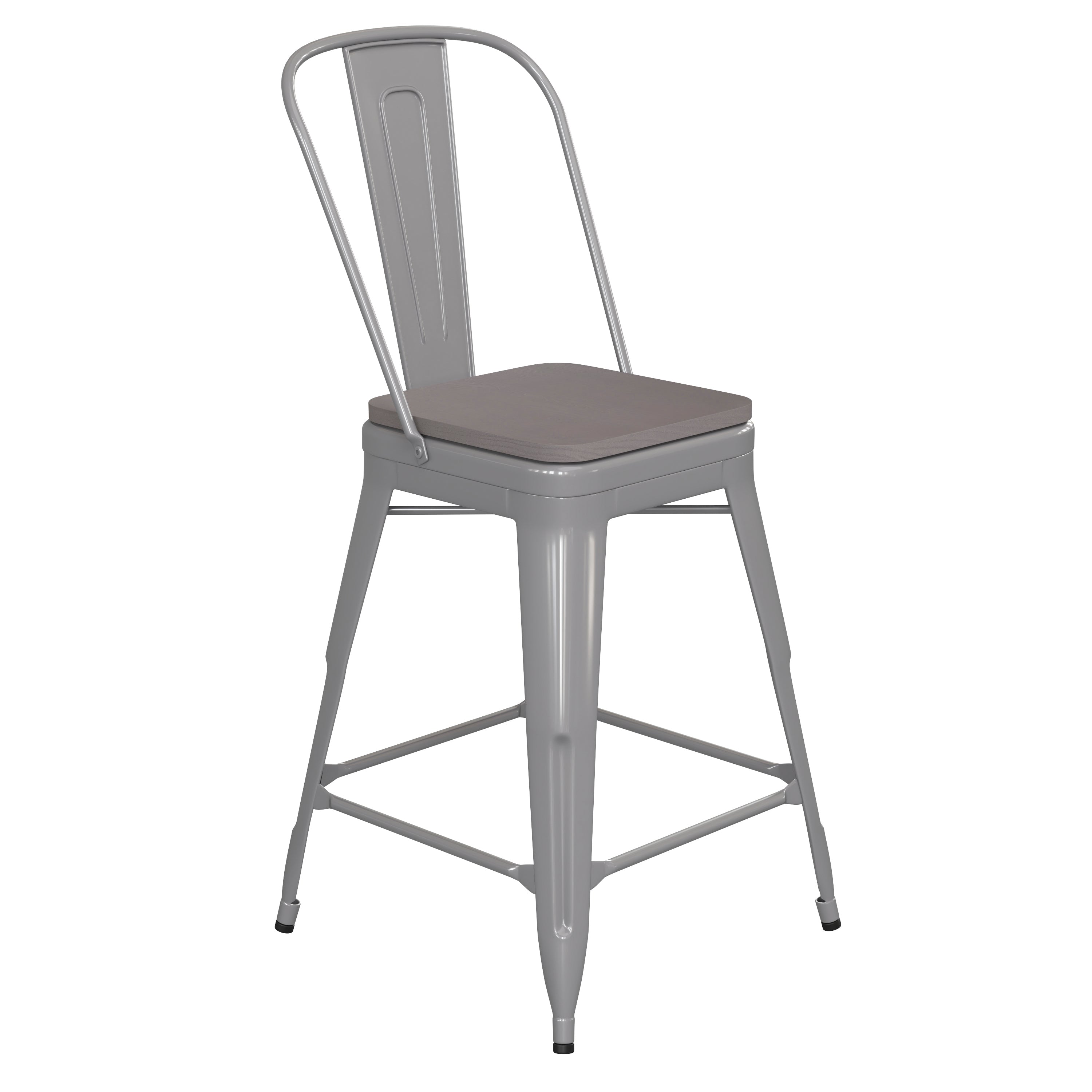 Kai Commercial Grade 24" High Silver Metal Indoor-Outdoor Counter Height Stool with Removable Back and Gray All-Weather Poly Resin Seat