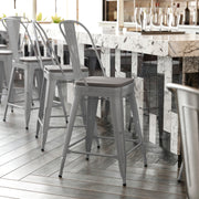 Kai Commercial Grade 24" High Silver Metal Indoor-Outdoor Counter Height Stool with Removable Back and Gray All-Weather Poly Resin Seat