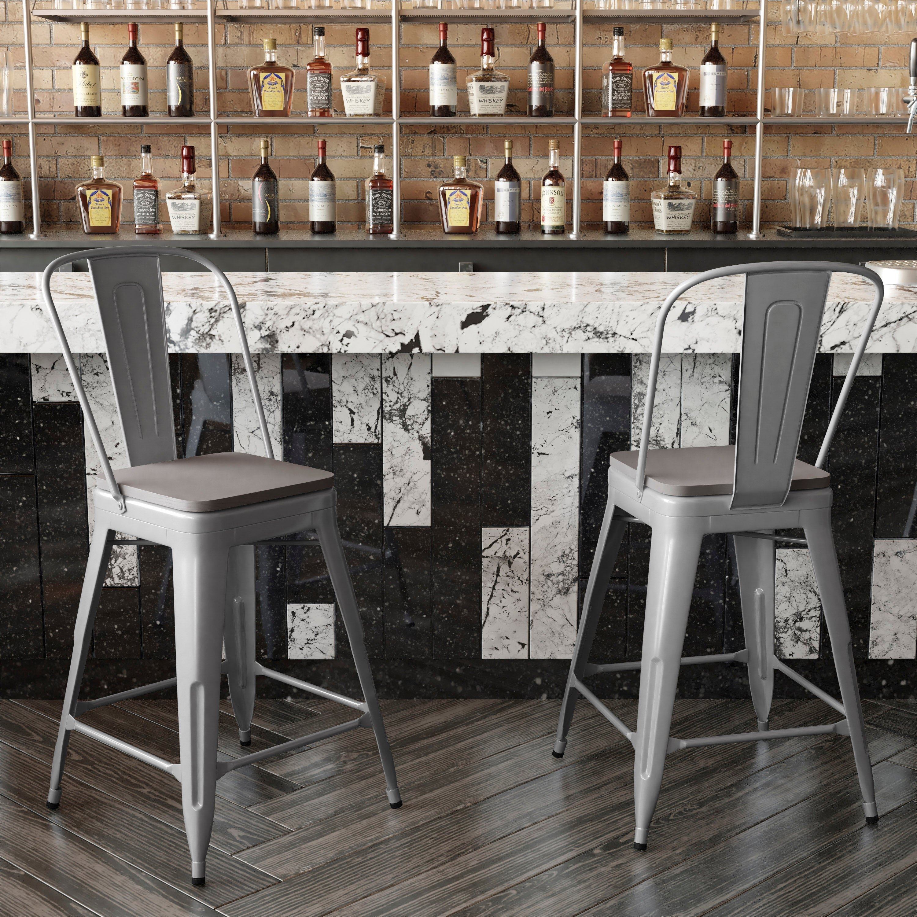 Kai Commercial Grade 24" High Silver Metal Indoor-Outdoor Counter Height Stool with Removable Back and Gray All-Weather Poly Resin Seat