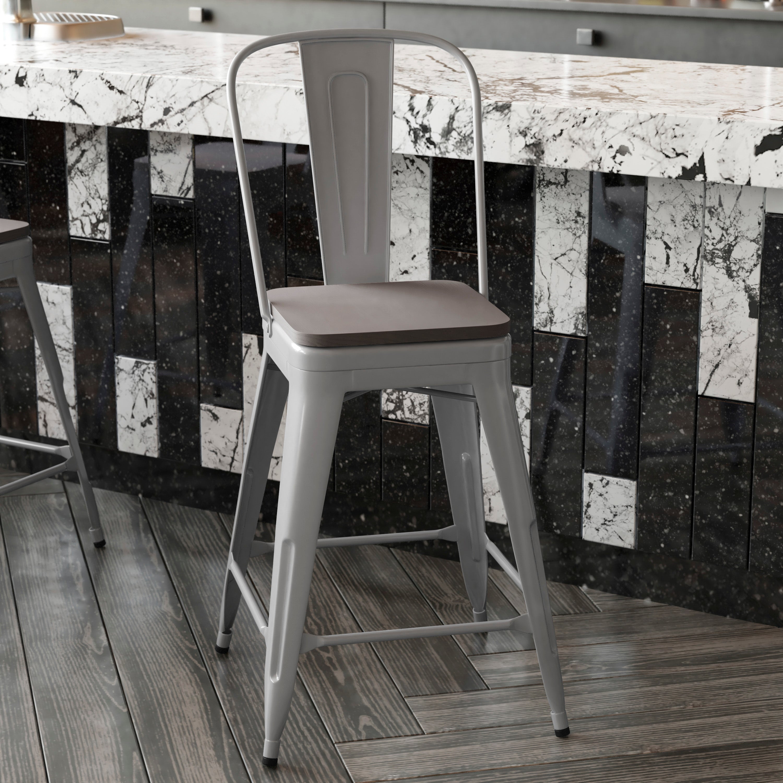 Kai Commercial Grade 24" High Silver Metal Indoor-Outdoor Counter Height Stool with Removable Back and Gray All-Weather Poly Resin Seat