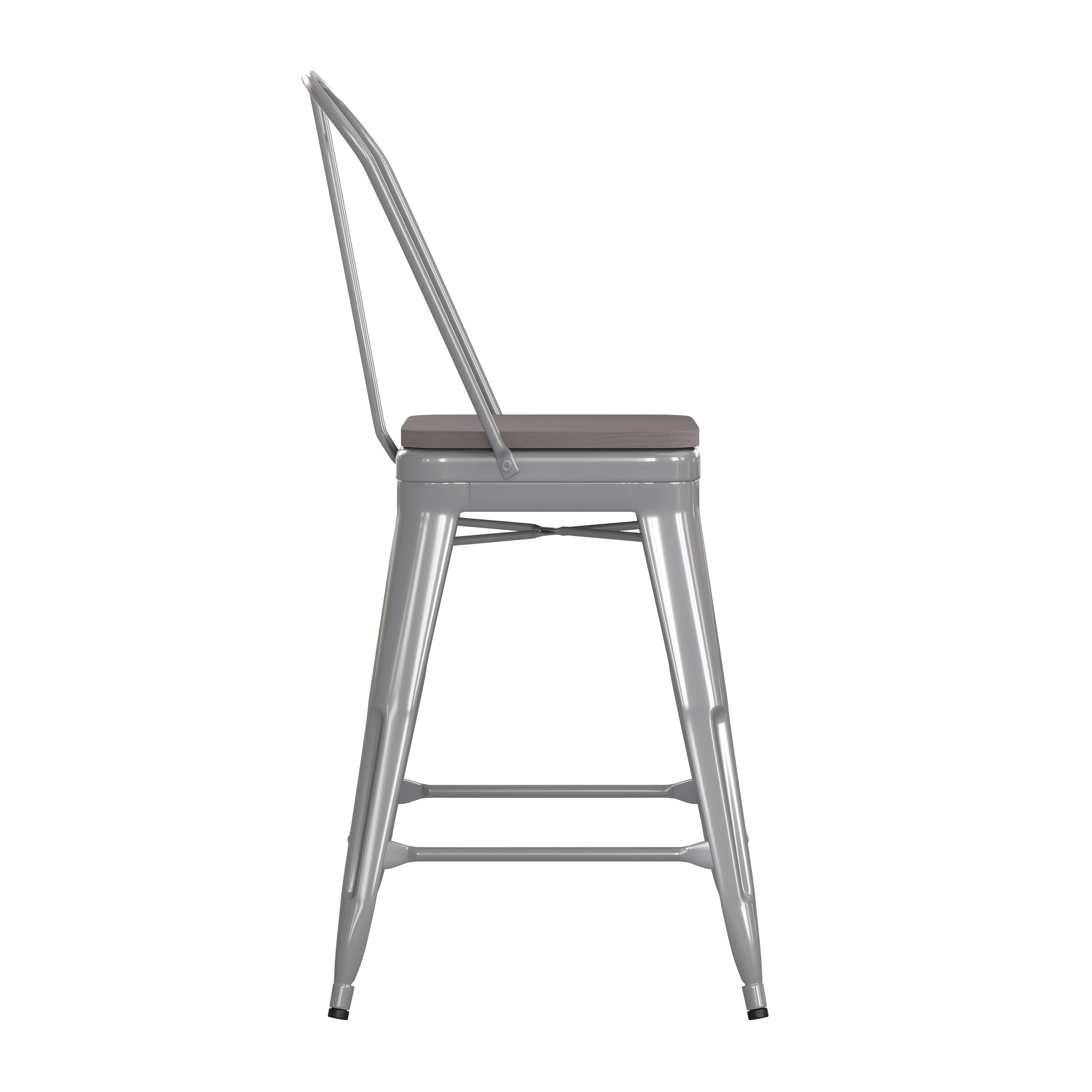 Kai Commercial Grade 24" High Silver Metal Indoor-Outdoor Counter Height Stool with Removable Back and Gray All-Weather Poly Resin Seat