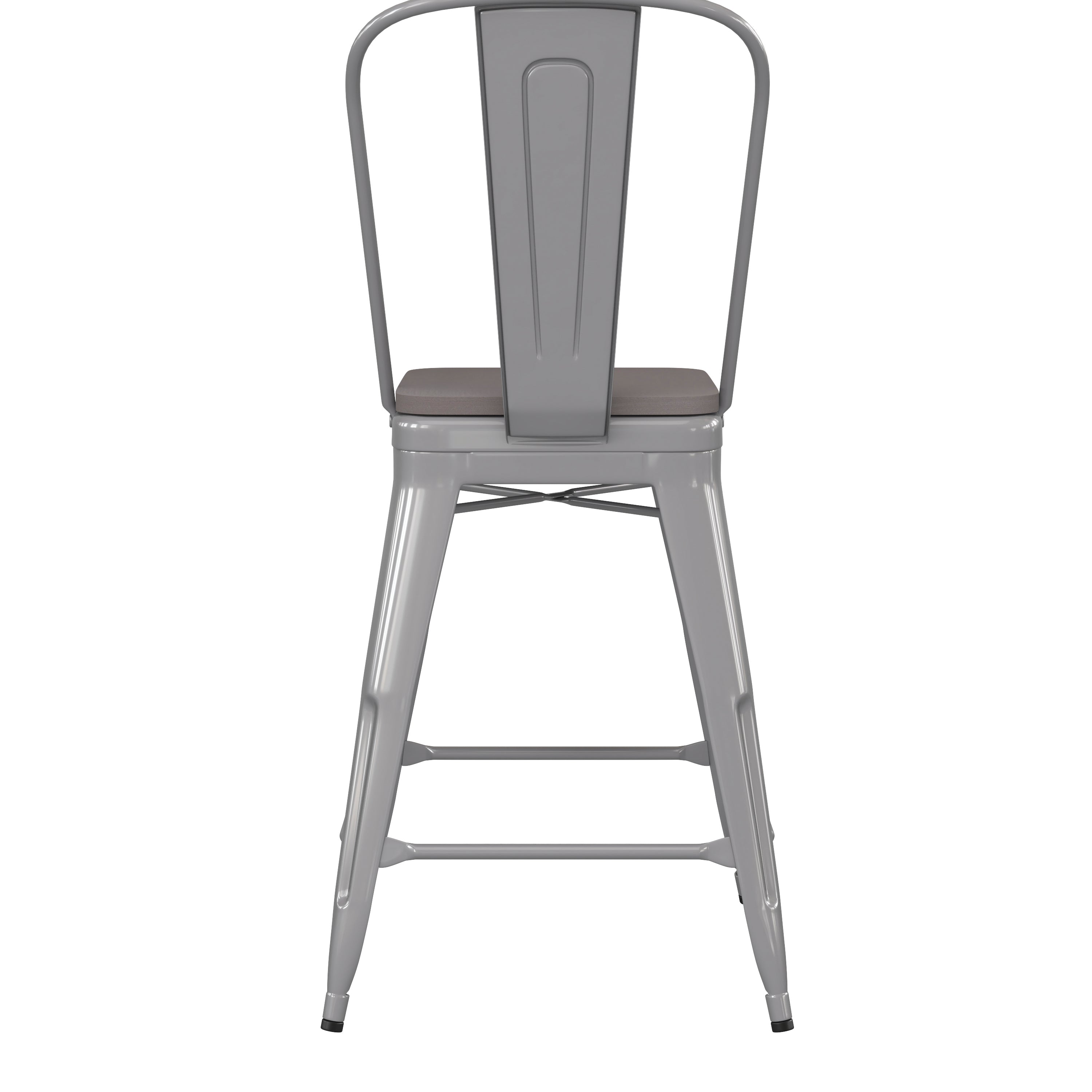 Kai Commercial Grade 24" High Silver Metal Indoor-Outdoor Counter Height Stool with Removable Back and Gray All-Weather Poly Resin Seat