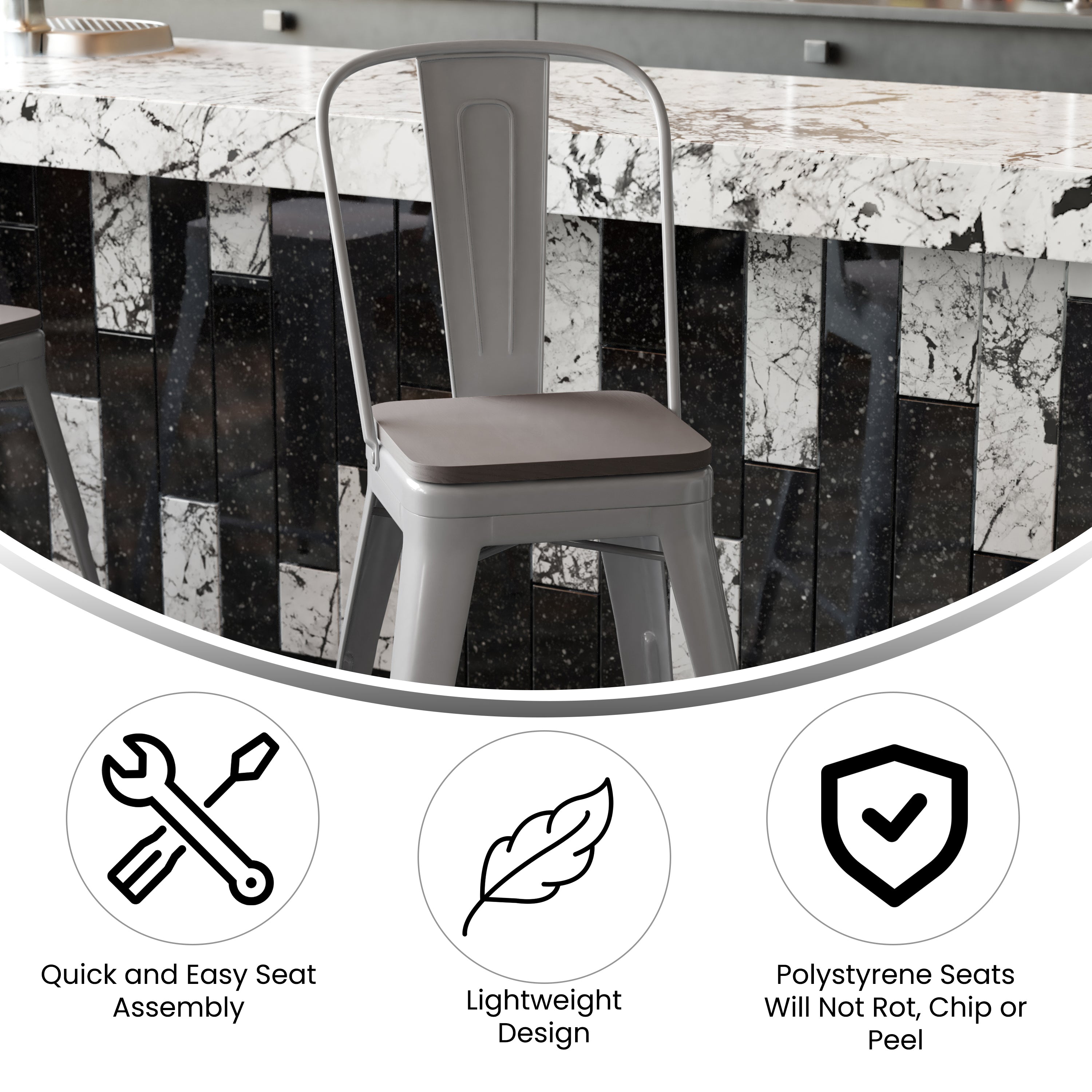 Kai Commercial Grade 24" High Silver Metal Indoor-Outdoor Counter Height Stool with Removable Back and Gray All-Weather Poly Resin Seat