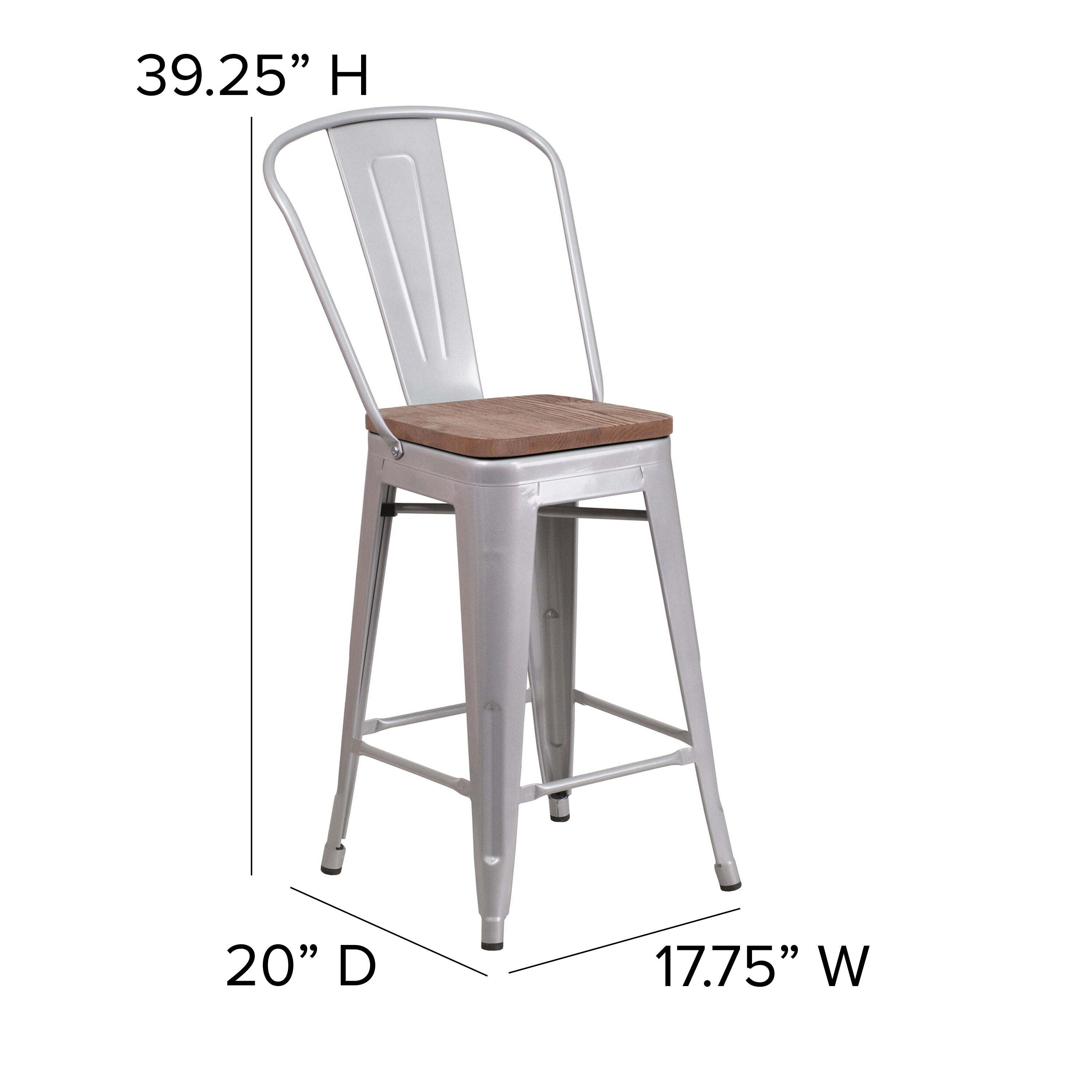 Lily 24" High Silver Metal Counter Height Stool with Back and Wood Seat