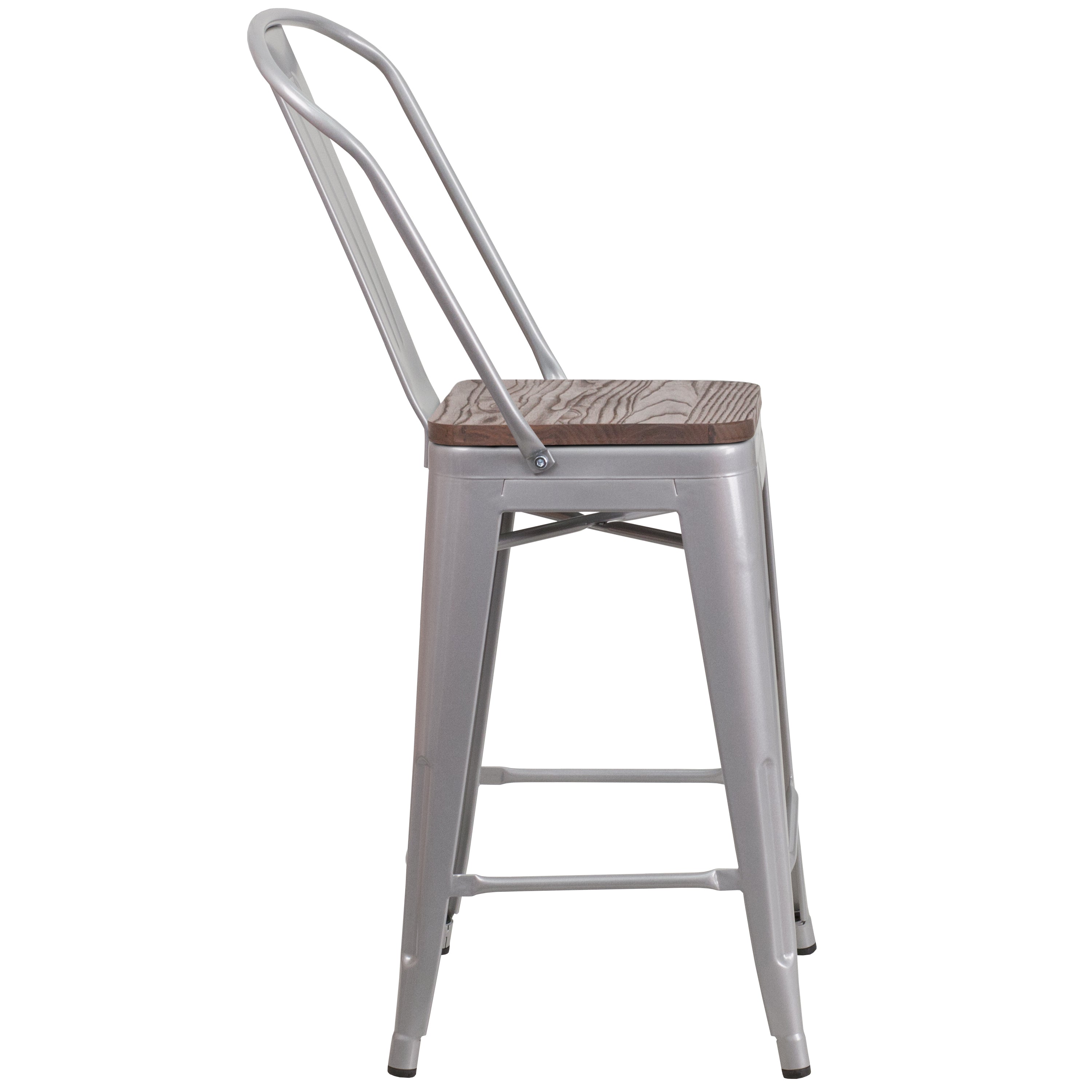 Lily 24" High Silver Metal Counter Height Stool with Back and Wood Seat