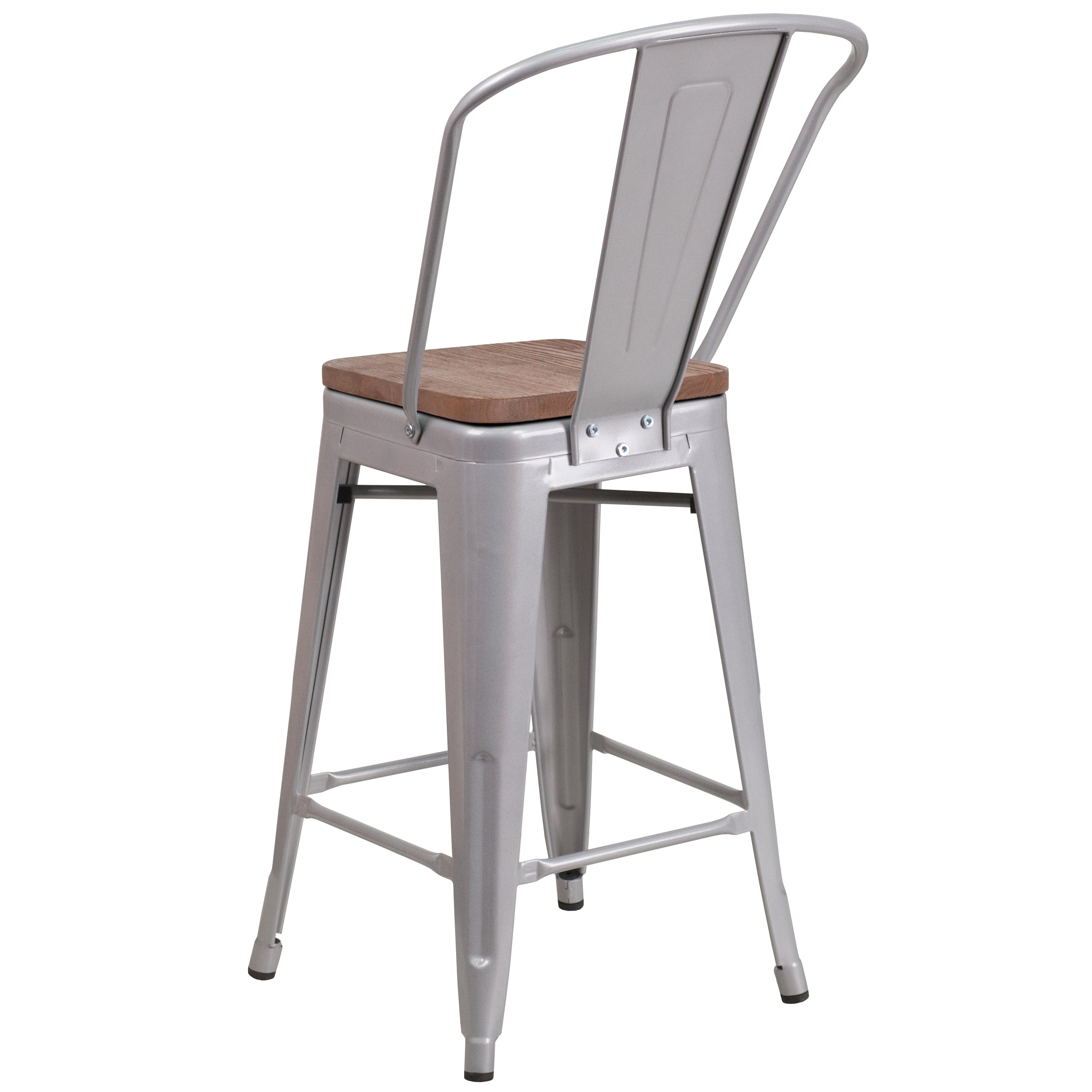Lily 24" High Silver Metal Counter Height Stool with Back and Wood Seat