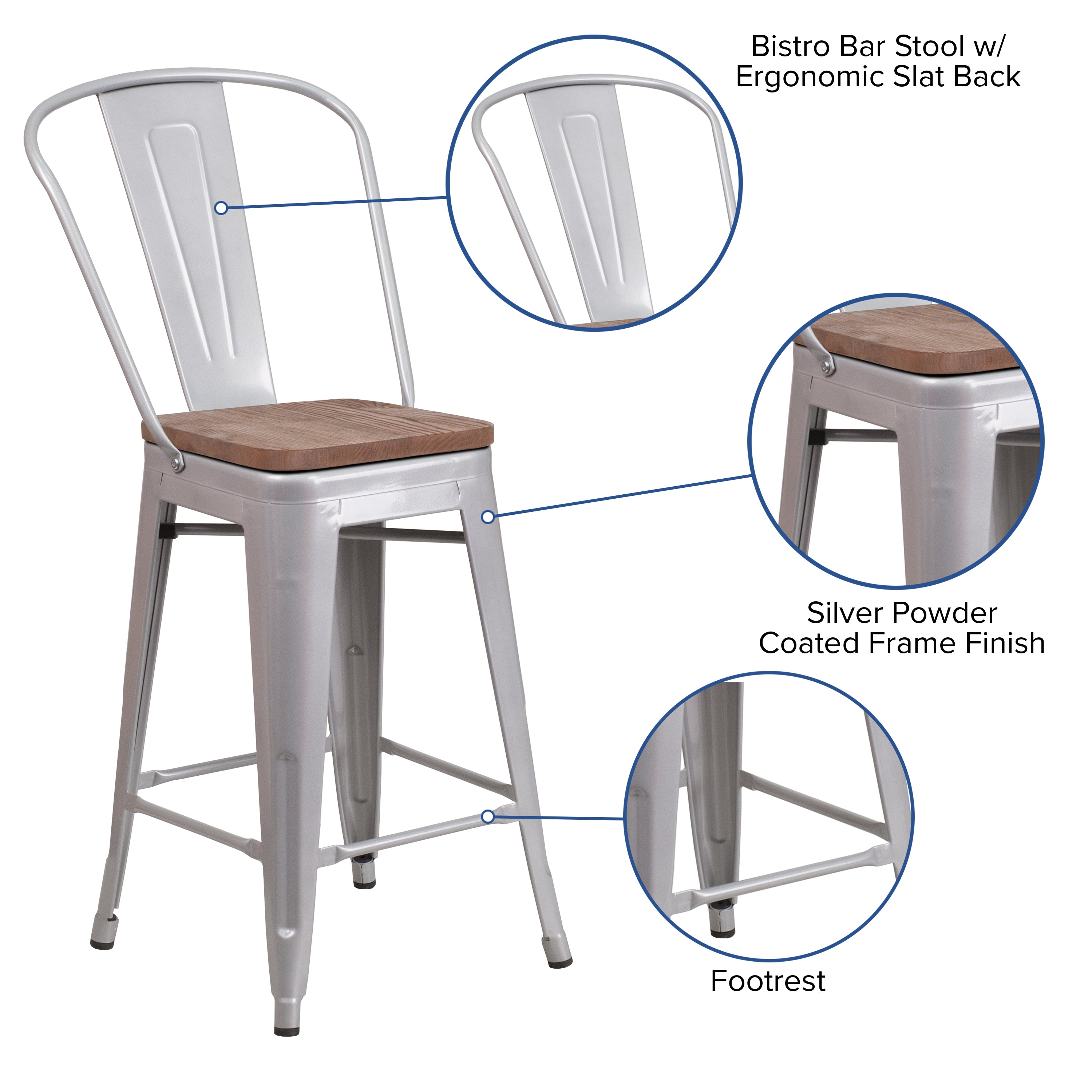 Lily 24" High Silver Metal Counter Height Stool with Back and Wood Seat