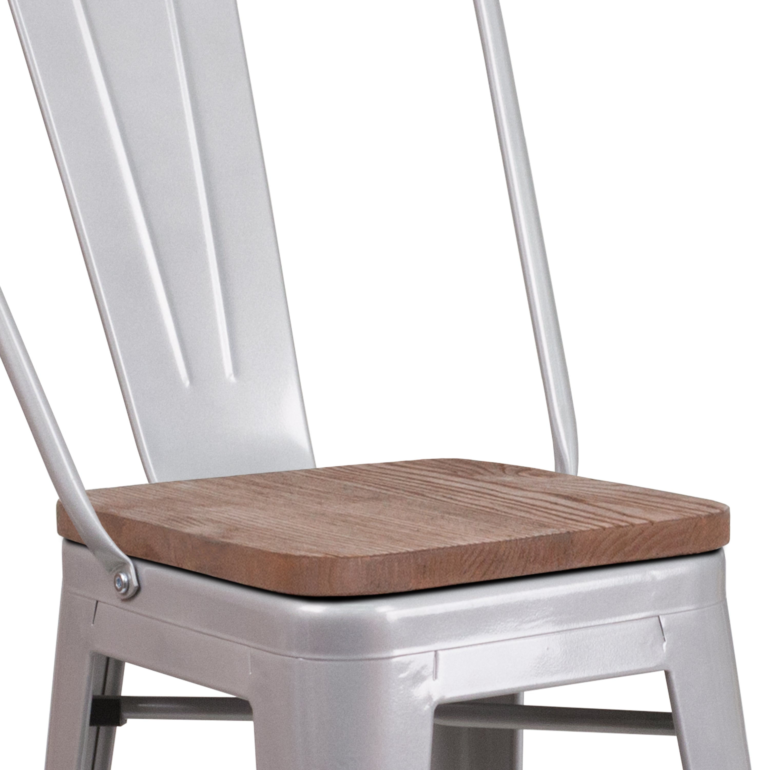 Lily 24" High Silver Metal Counter Height Stool with Back and Wood Seat