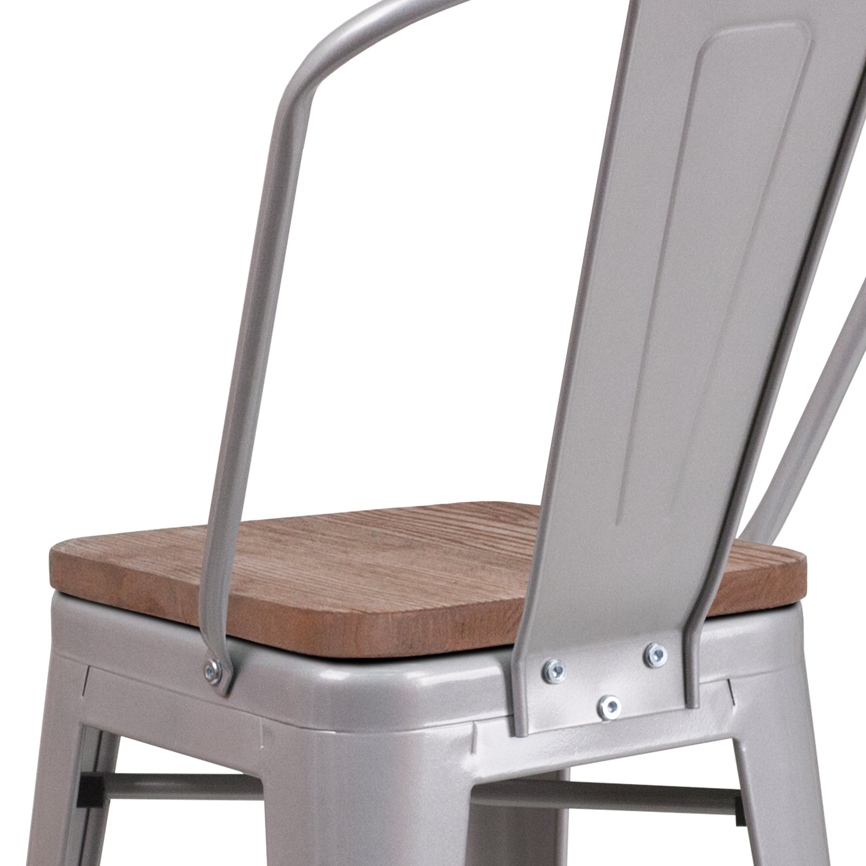 Lily 24" High Silver Metal Counter Height Stool with Back and Wood Seat