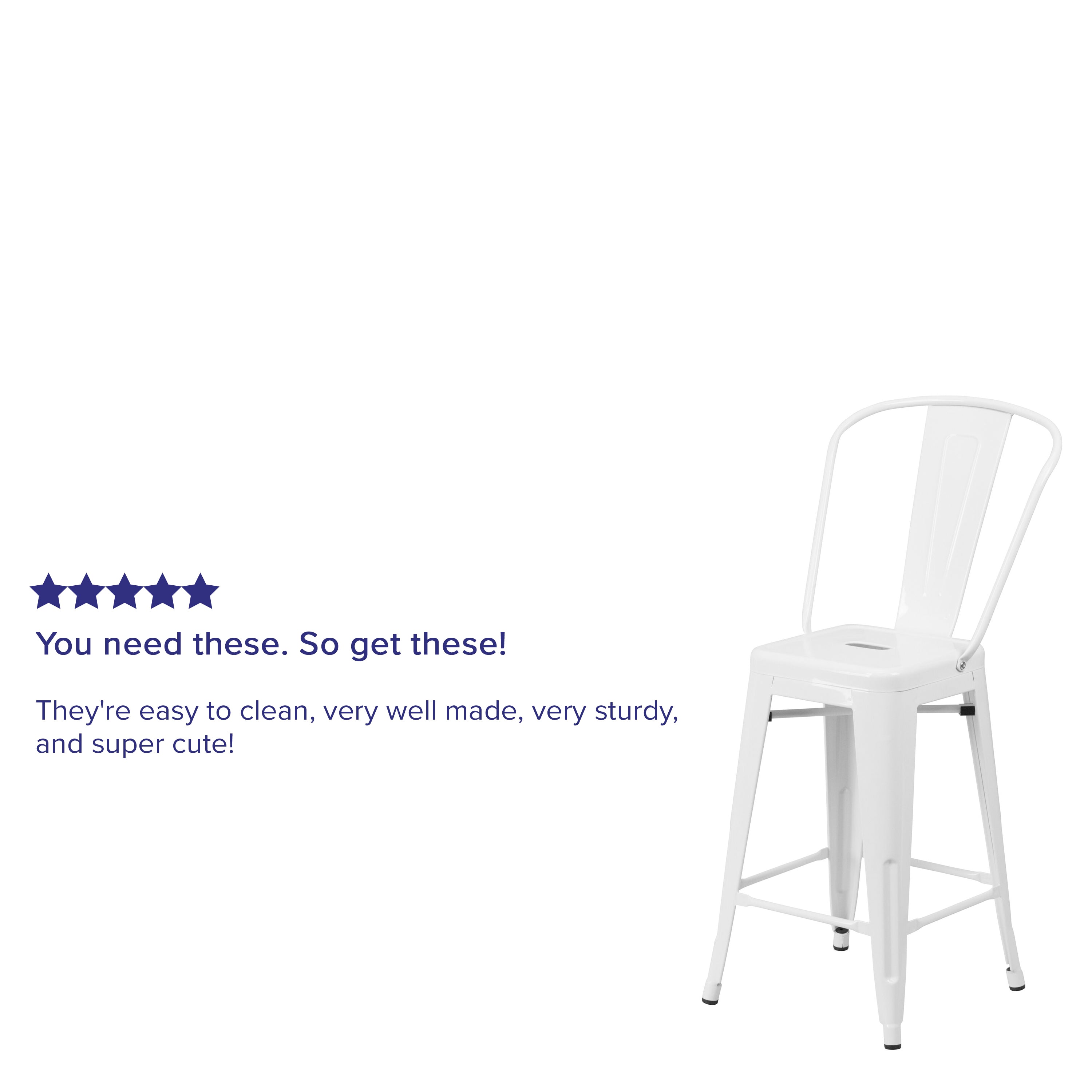Kai Commercial Grade 24" High White Metal Indoor-Outdoor Counter Height Stool with Removable Back