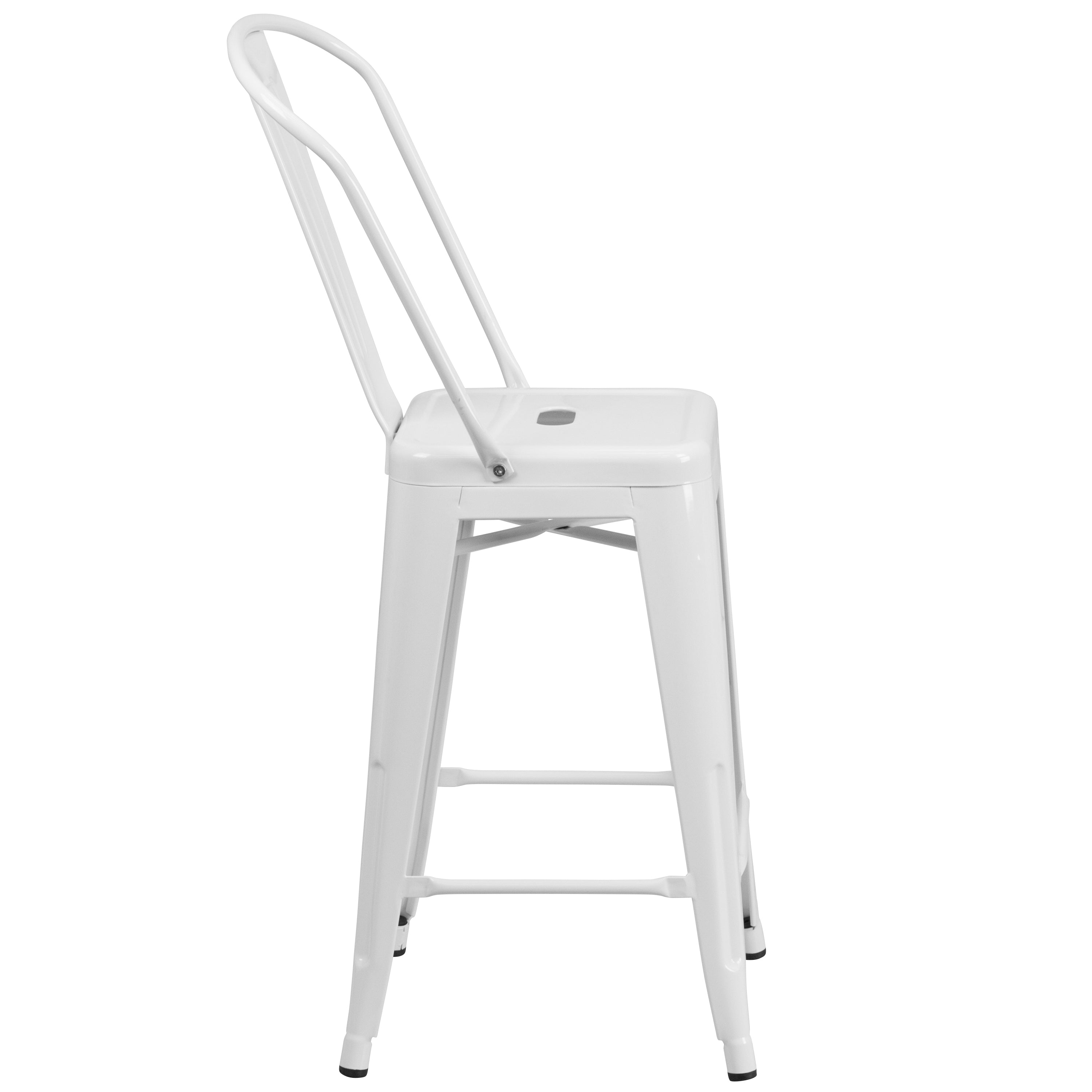Kai Commercial Grade 24" High White Metal Indoor-Outdoor Counter Height Stool with Removable Back