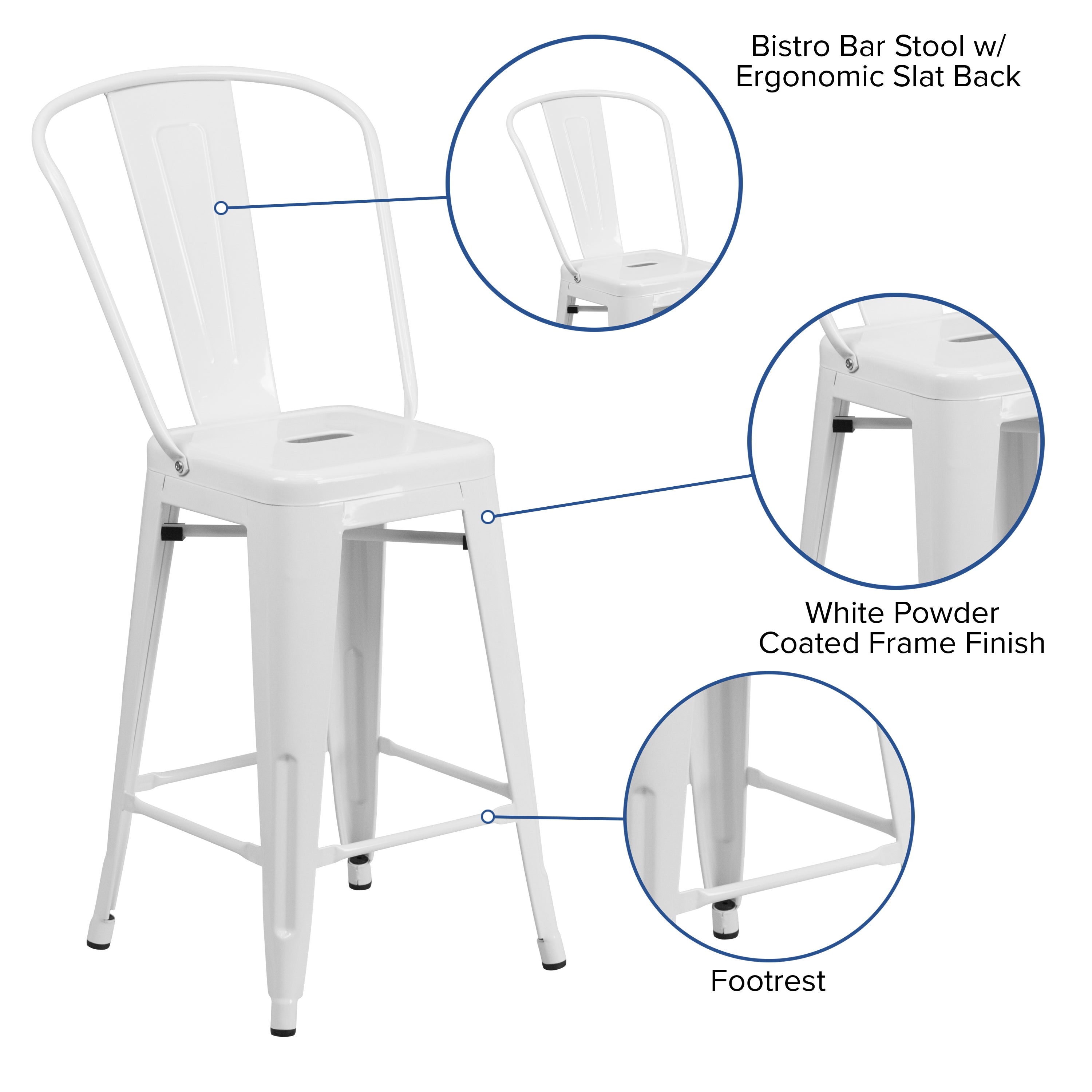 Kai Commercial Grade 24" High White Metal Indoor-Outdoor Counter Height Stool with Removable Back