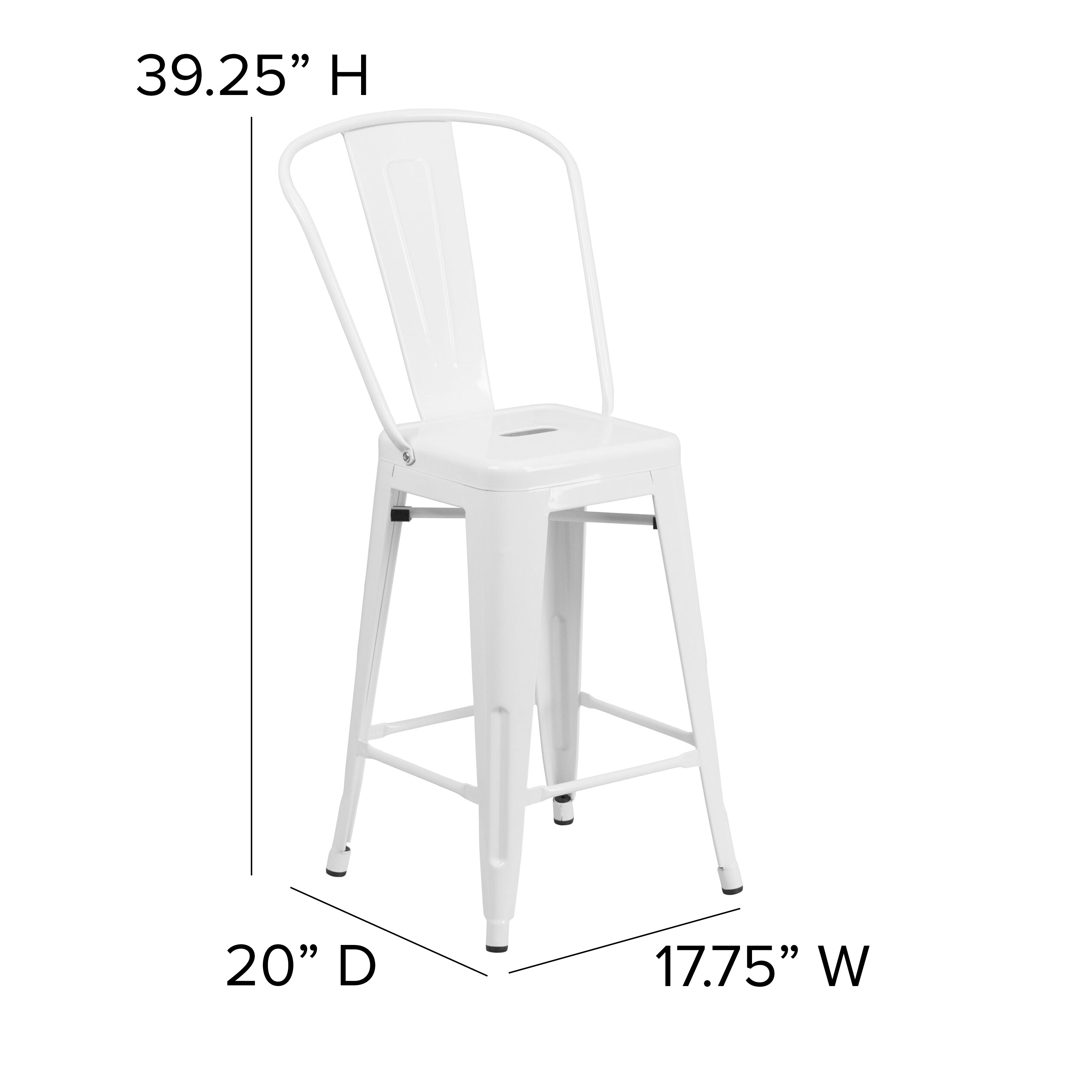 Kai Commercial Grade 24" High White Metal Indoor-Outdoor Counter Height Stool with Removable Back and Gray All-Weather Poly Resin Seat
