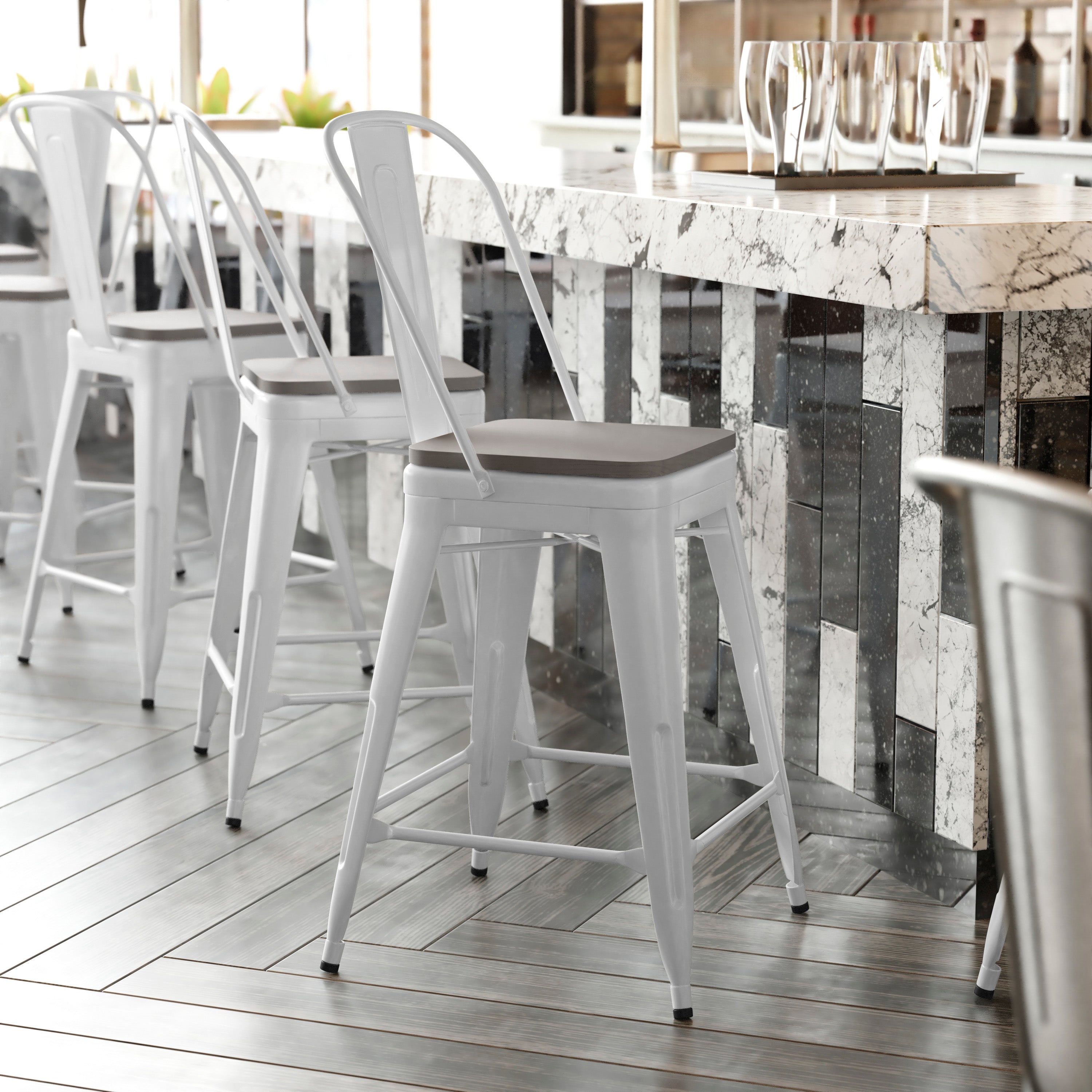 Kai Commercial Grade 24" High White Metal Indoor-Outdoor Counter Height Stool with Removable Back and Gray All-Weather Poly Resin Seat