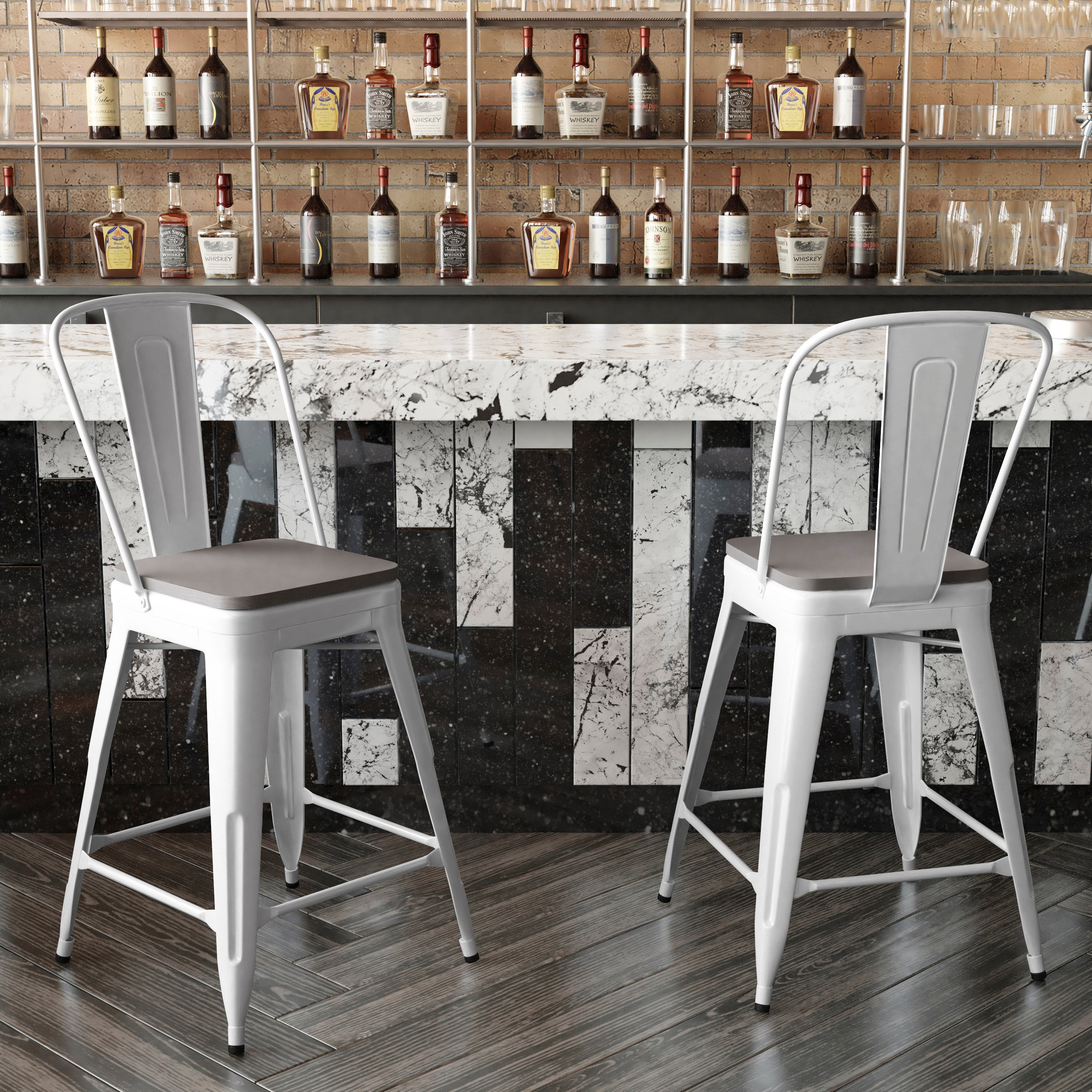 Kai Commercial Grade 24" High White Metal Indoor-Outdoor Counter Height Stool with Removable Back and Gray All-Weather Poly Resin Seat
