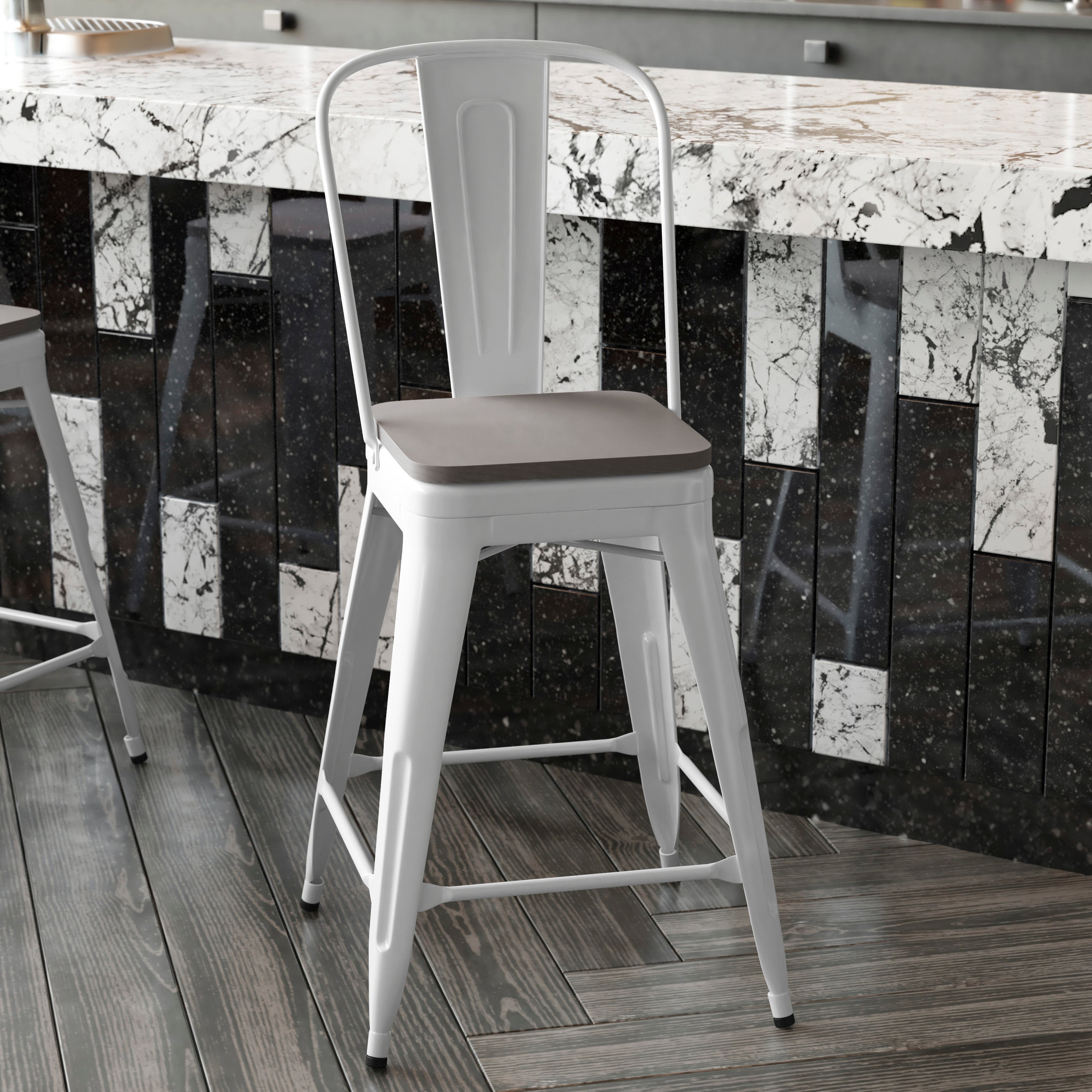 Kai Commercial Grade 24" High White Metal Indoor-Outdoor Counter Height Stool with Removable Back and Gray All-Weather Poly Resin Seat