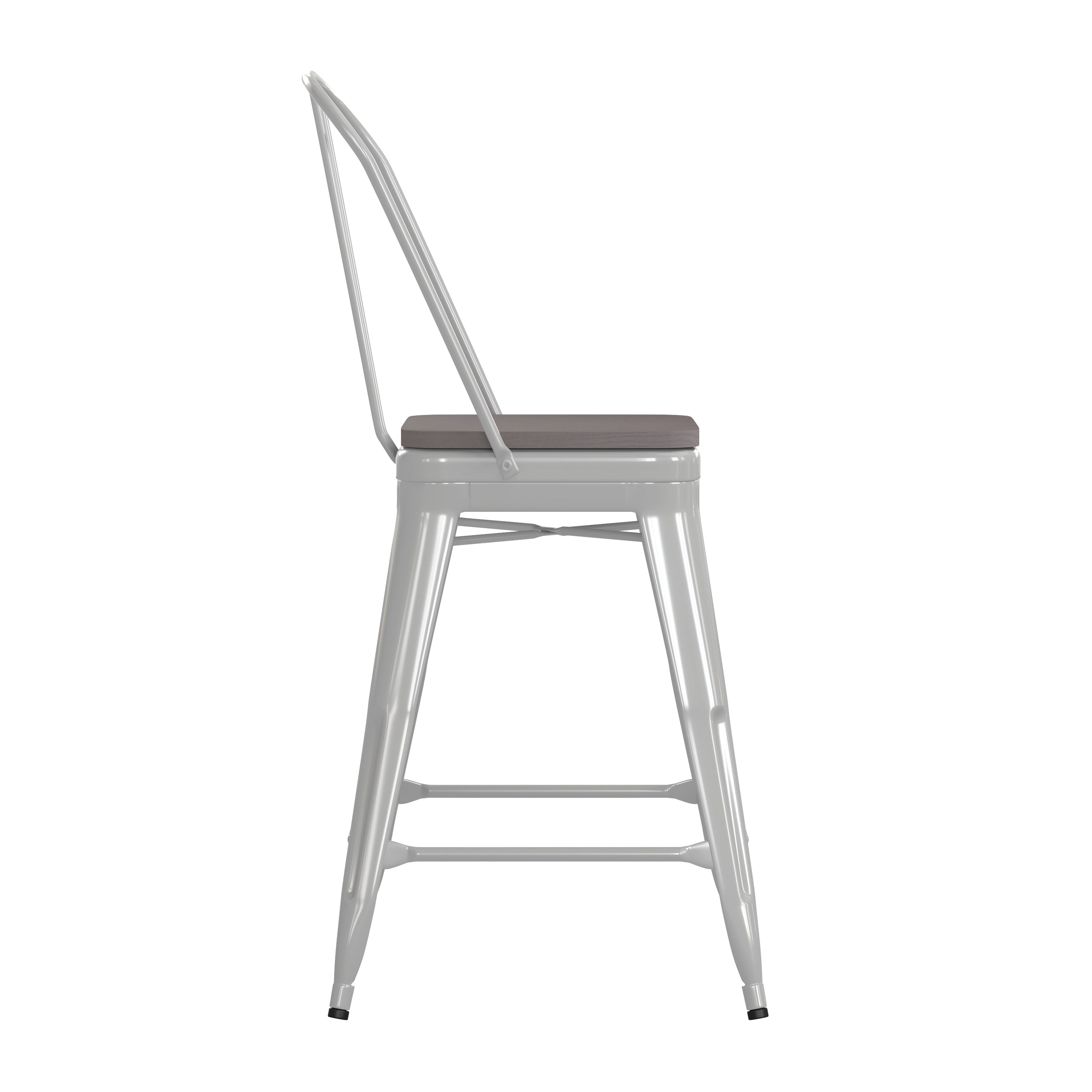Kai Commercial Grade 24" High White Metal Indoor-Outdoor Counter Height Stool with Removable Back and Gray All-Weather Poly Resin Seat