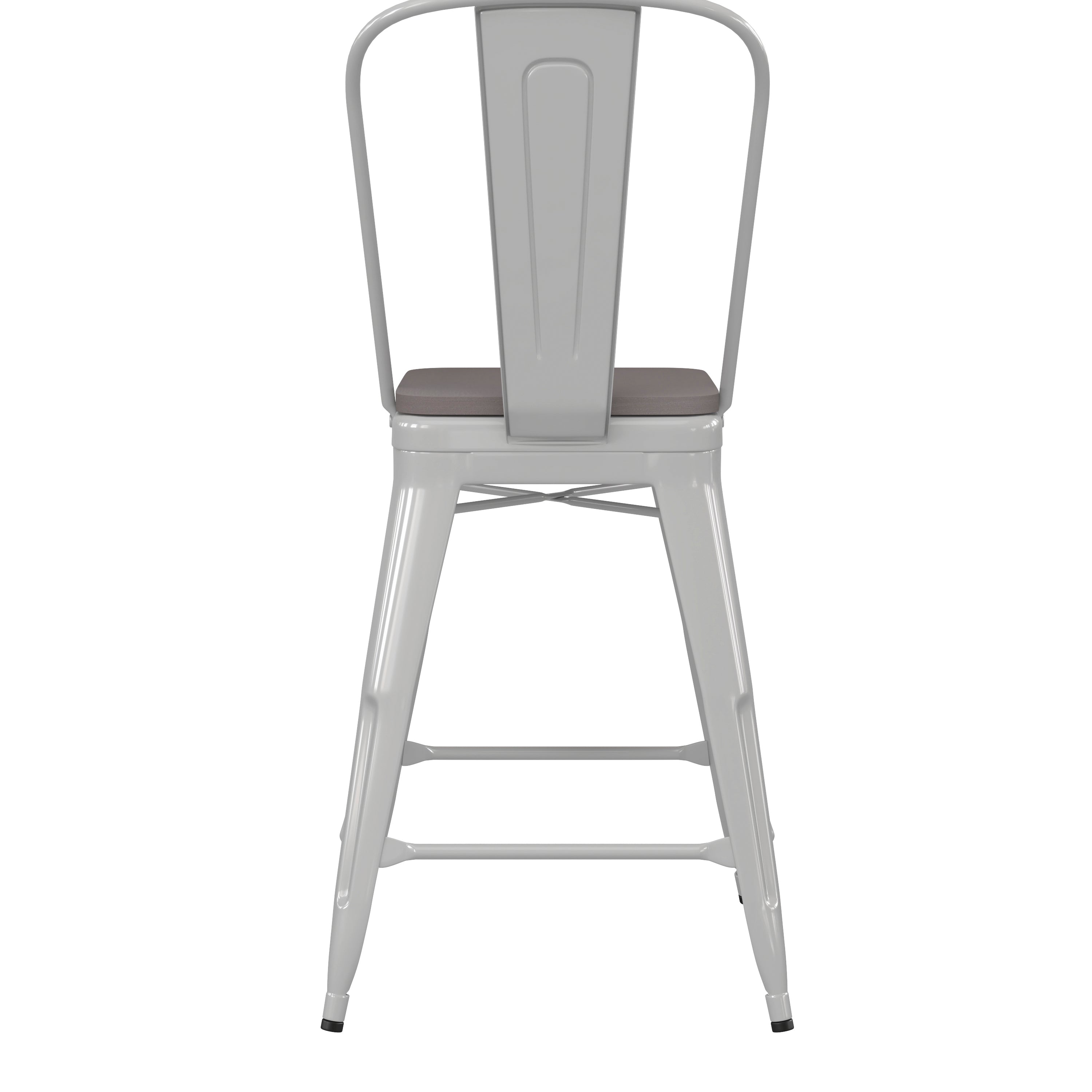 Kai Commercial Grade 24" High White Metal Indoor-Outdoor Counter Height Stool with Removable Back and Gray All-Weather Poly Resin Seat