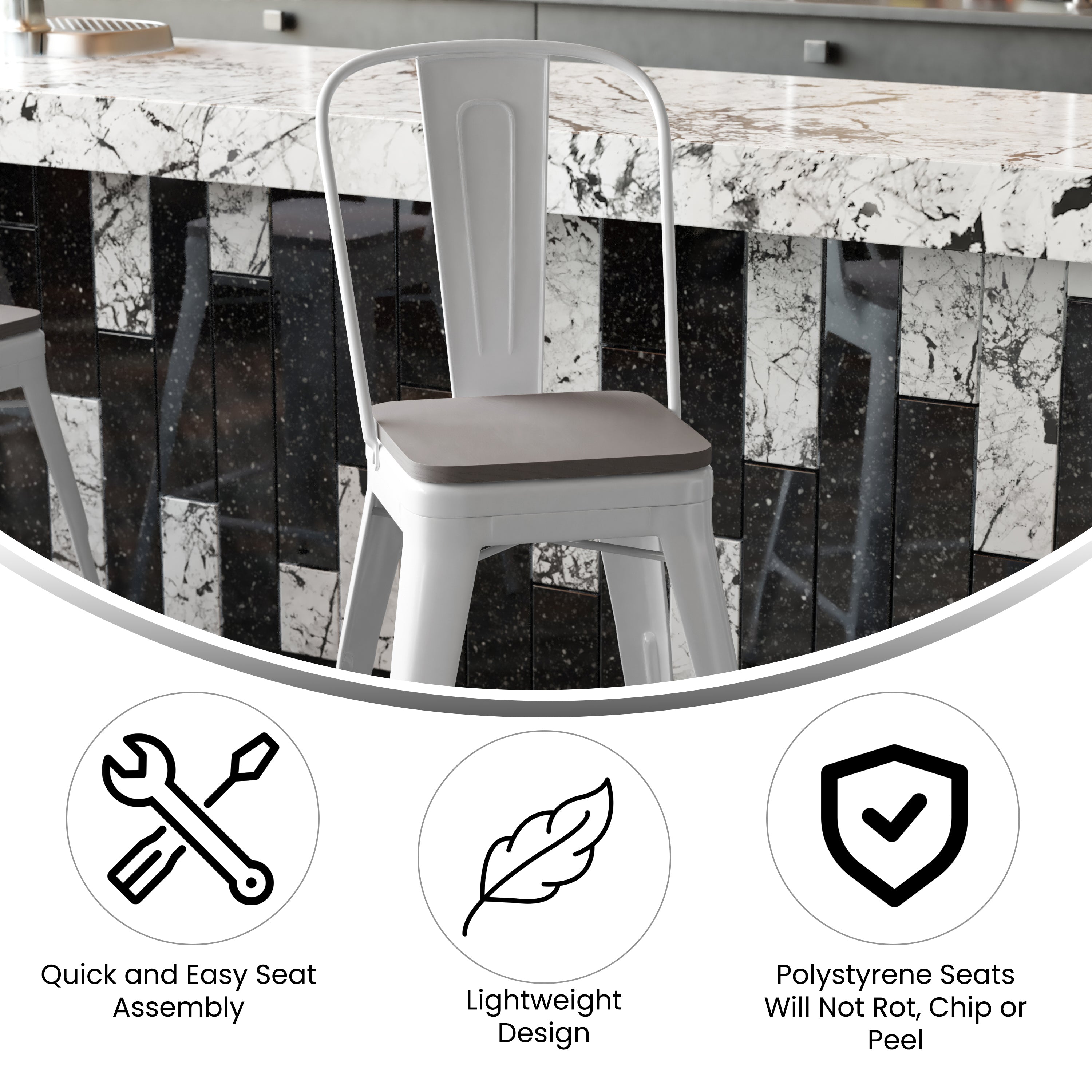 Kai Commercial Grade 24" High White Metal Indoor-Outdoor Counter Height Stool with Removable Back and Gray All-Weather Poly Resin Seat