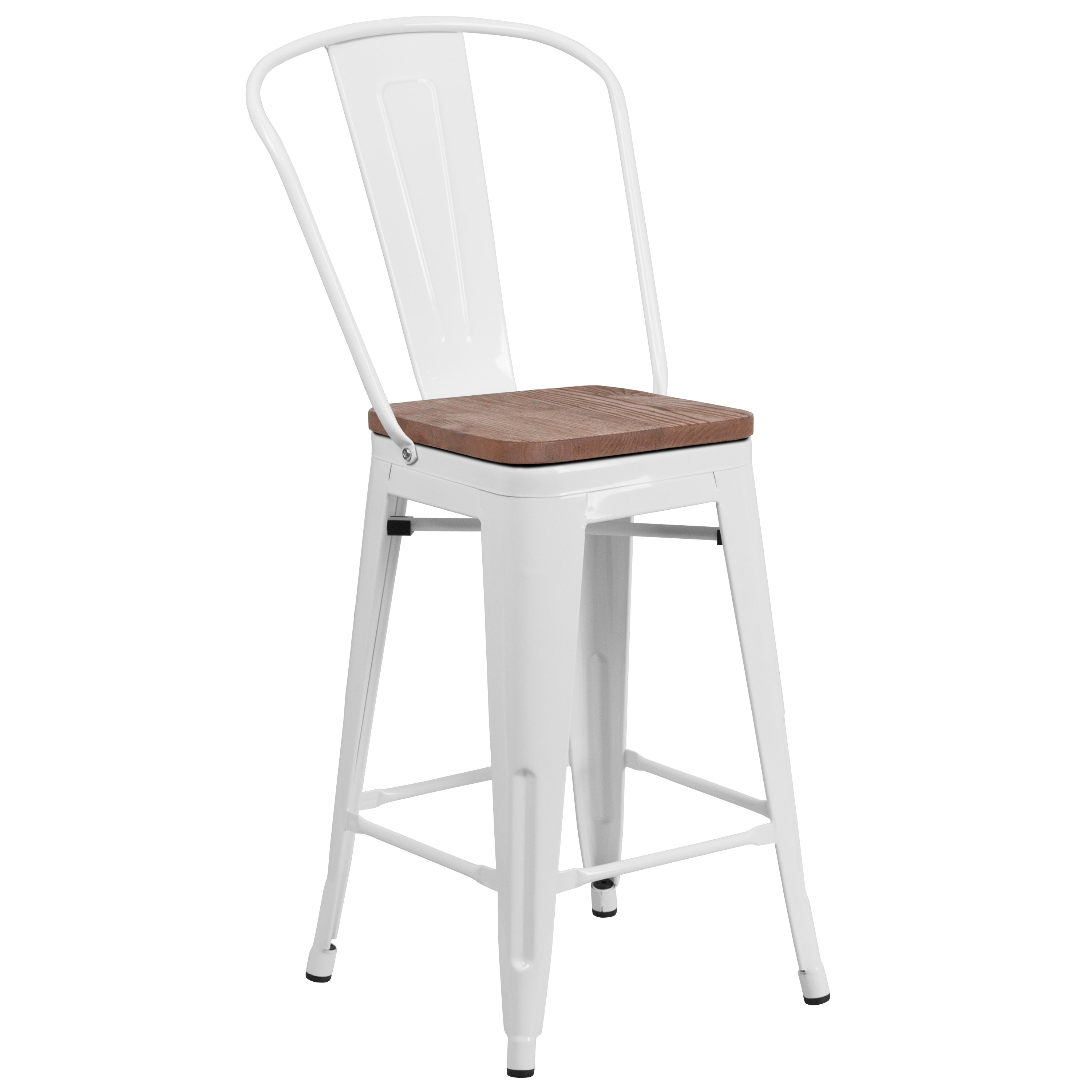 Lily 24" High White Metal Counter Height Stool with Back and Wood Seat