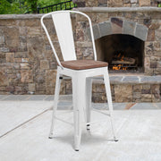 Lily 24" High White Metal Counter Height Stool with Back and Wood Seat