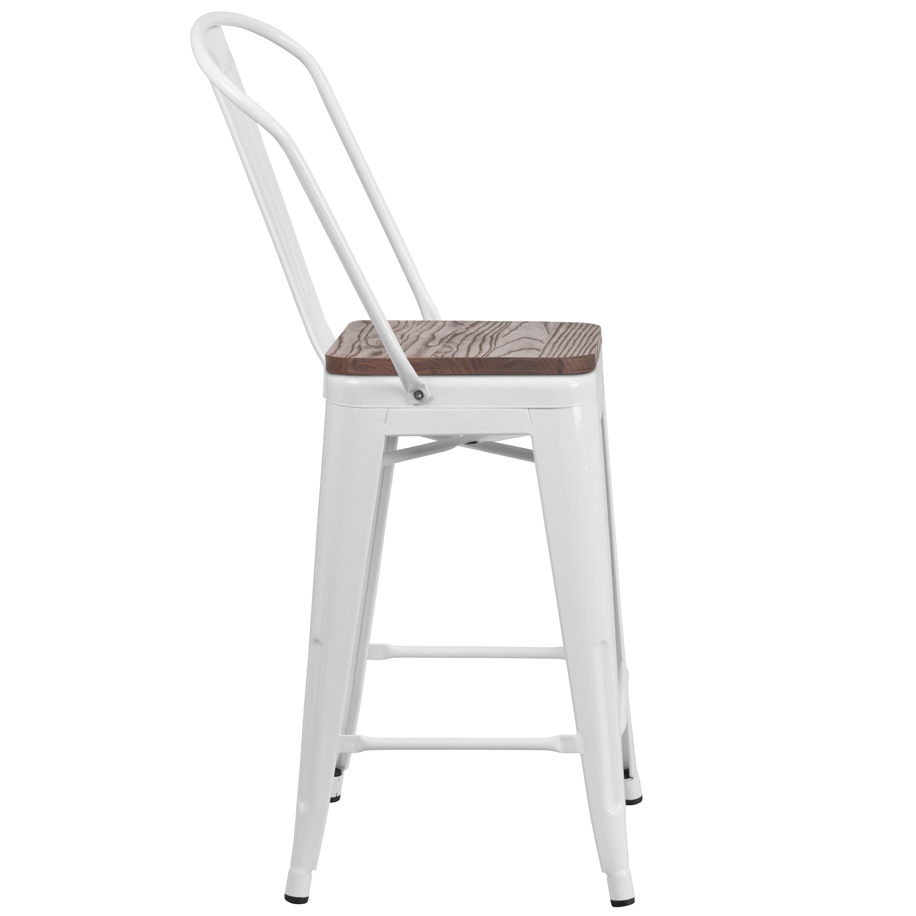 Lily 24" High White Metal Counter Height Stool with Back and Wood Seat