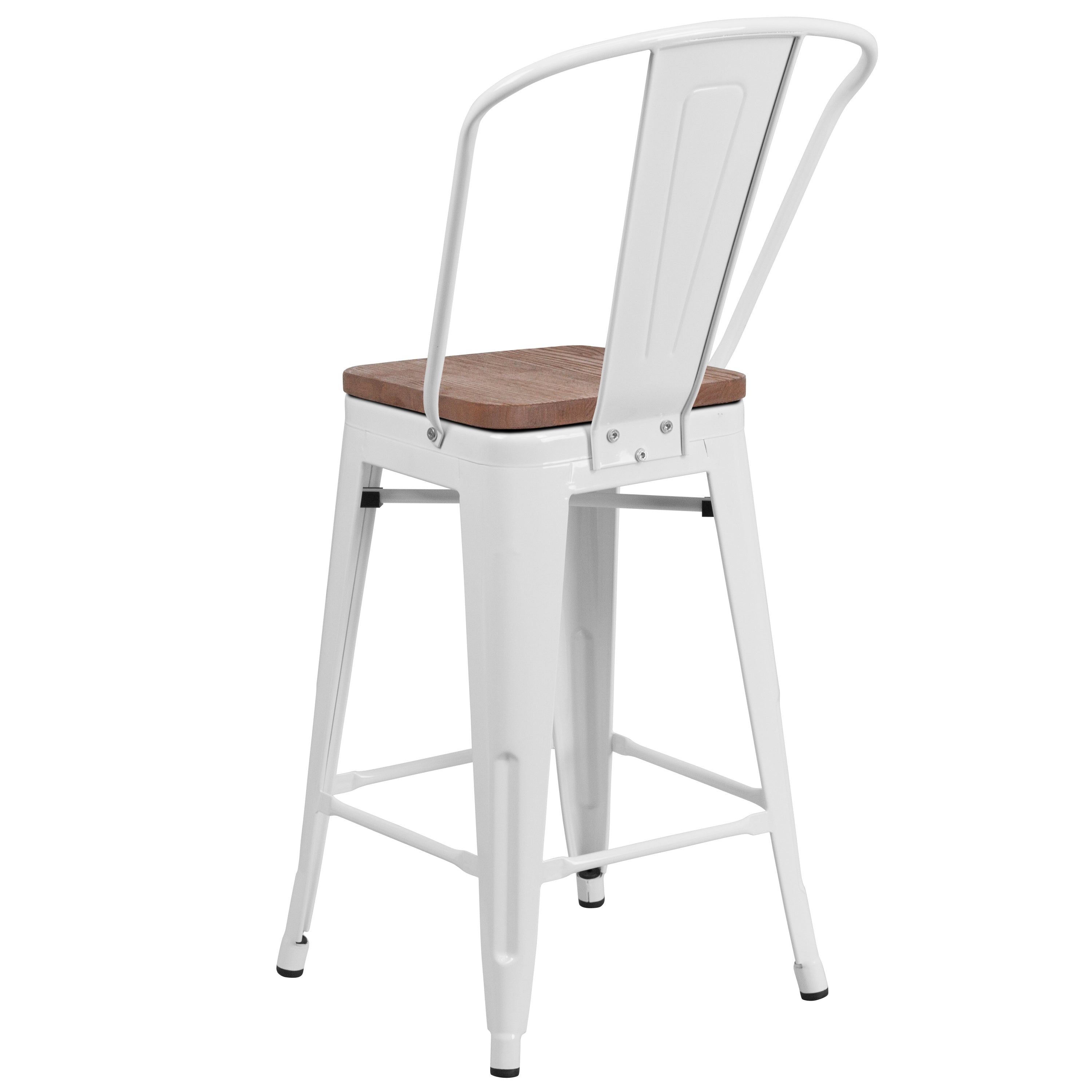 Lily 24" High White Metal Counter Height Stool with Back and Wood Seat