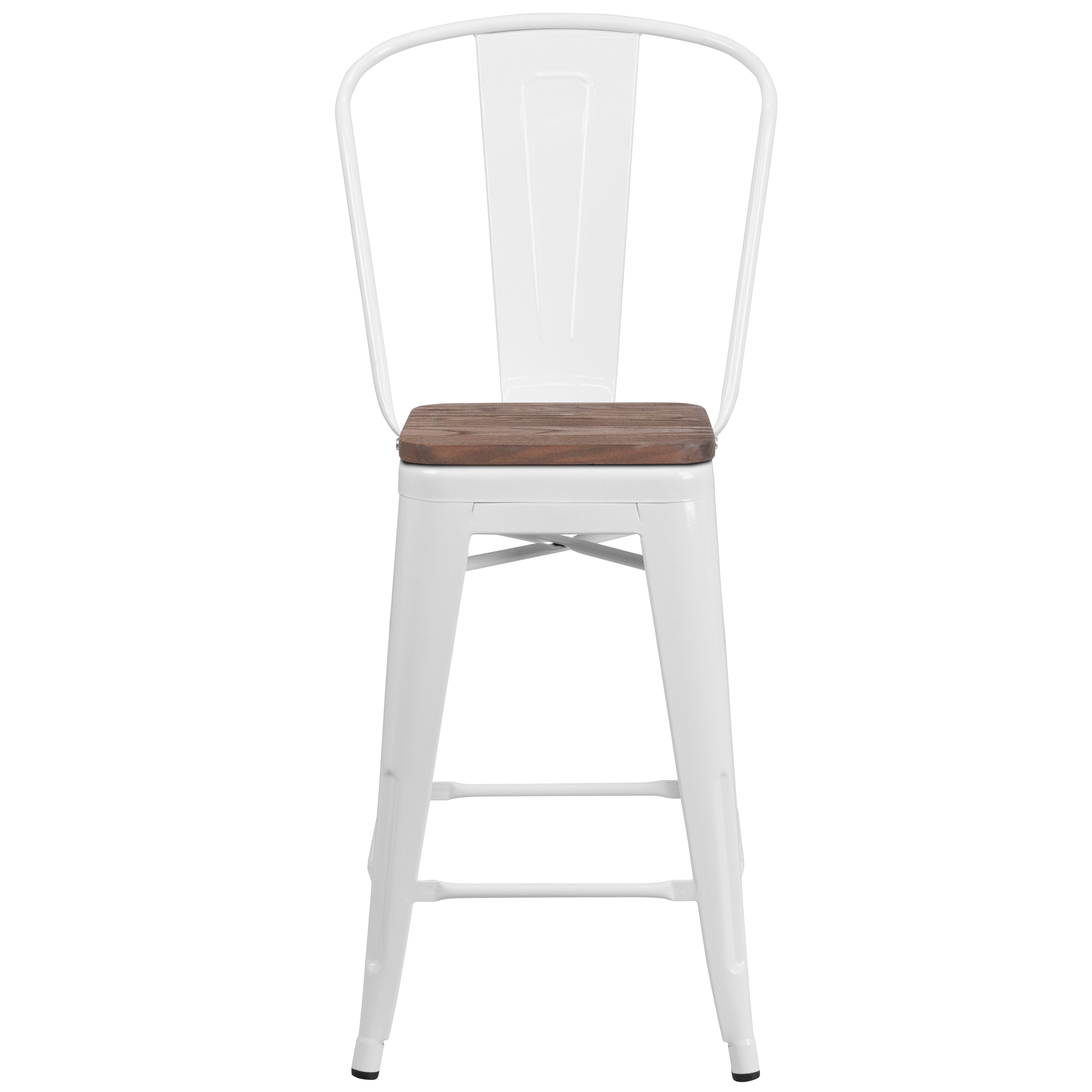 Lily 24" High White Metal Counter Height Stool with Back and Wood Seat