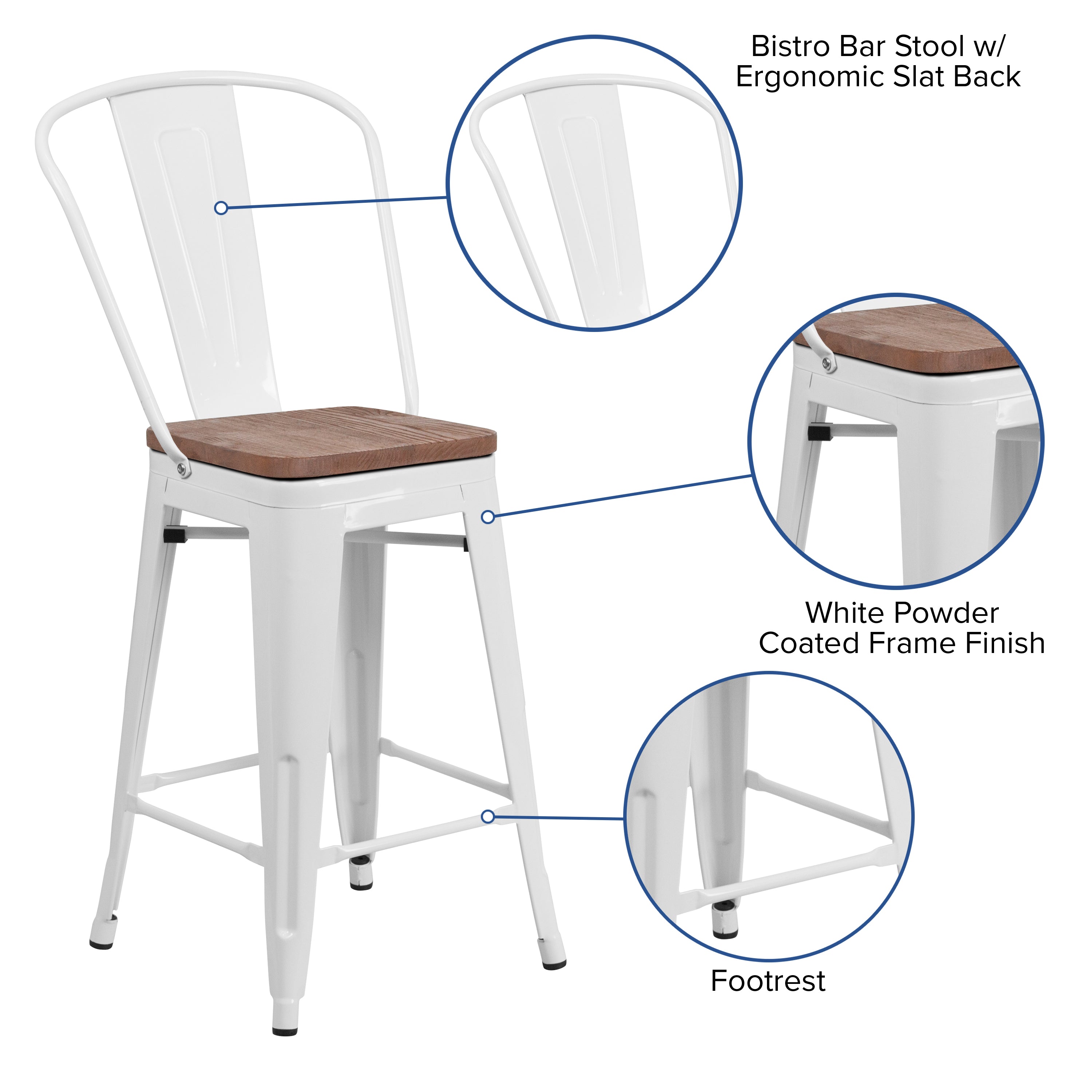 Lily 24" High White Metal Counter Height Stool with Back and Wood Seat