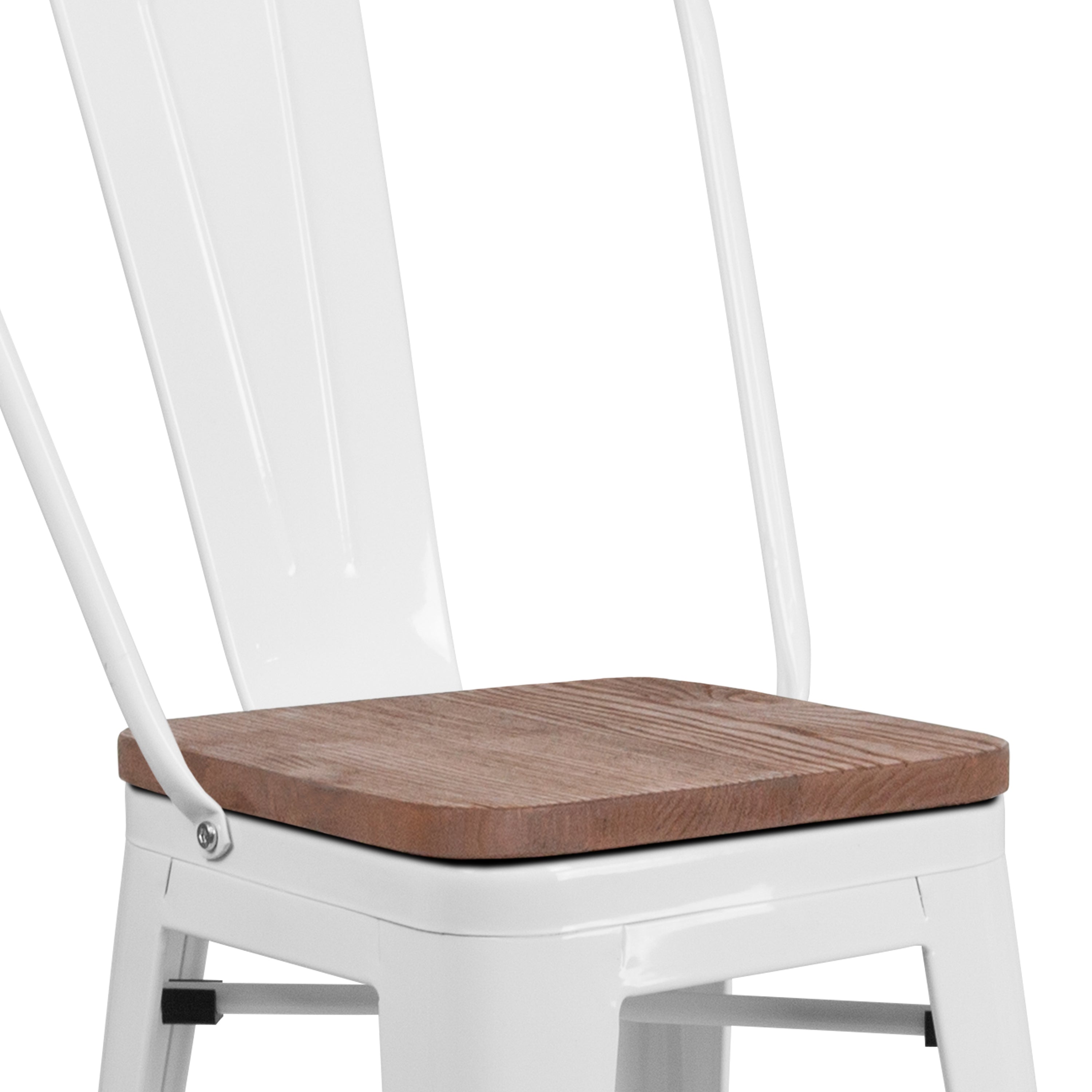 Lily 24" High White Metal Counter Height Stool with Back and Wood Seat