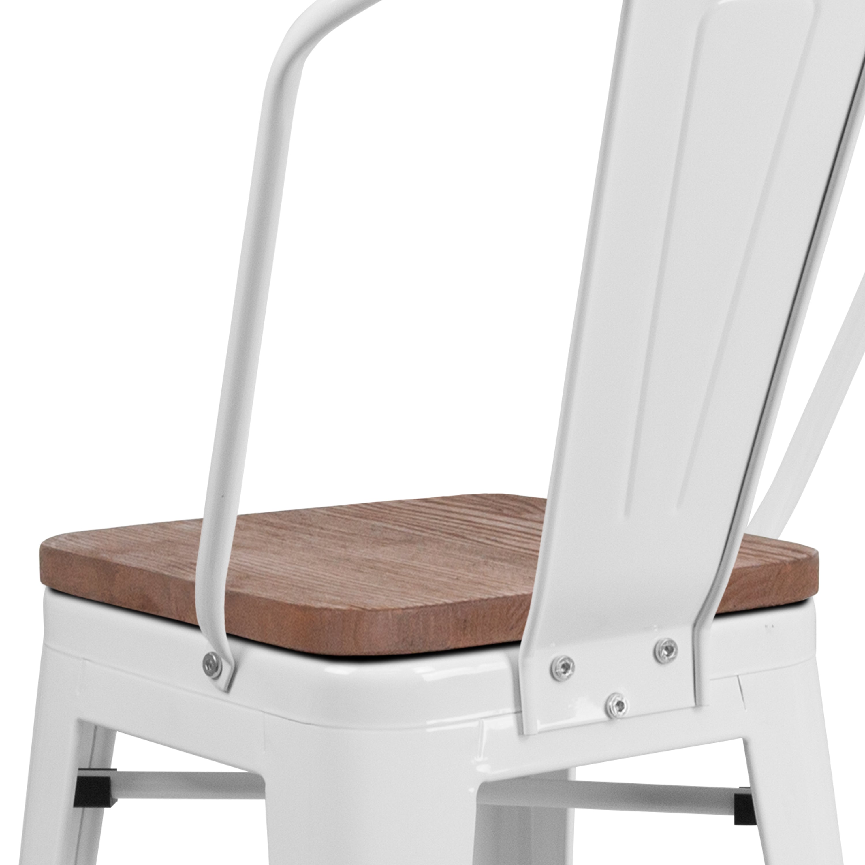 Lily 24" High White Metal Counter Height Stool with Back and Wood Seat