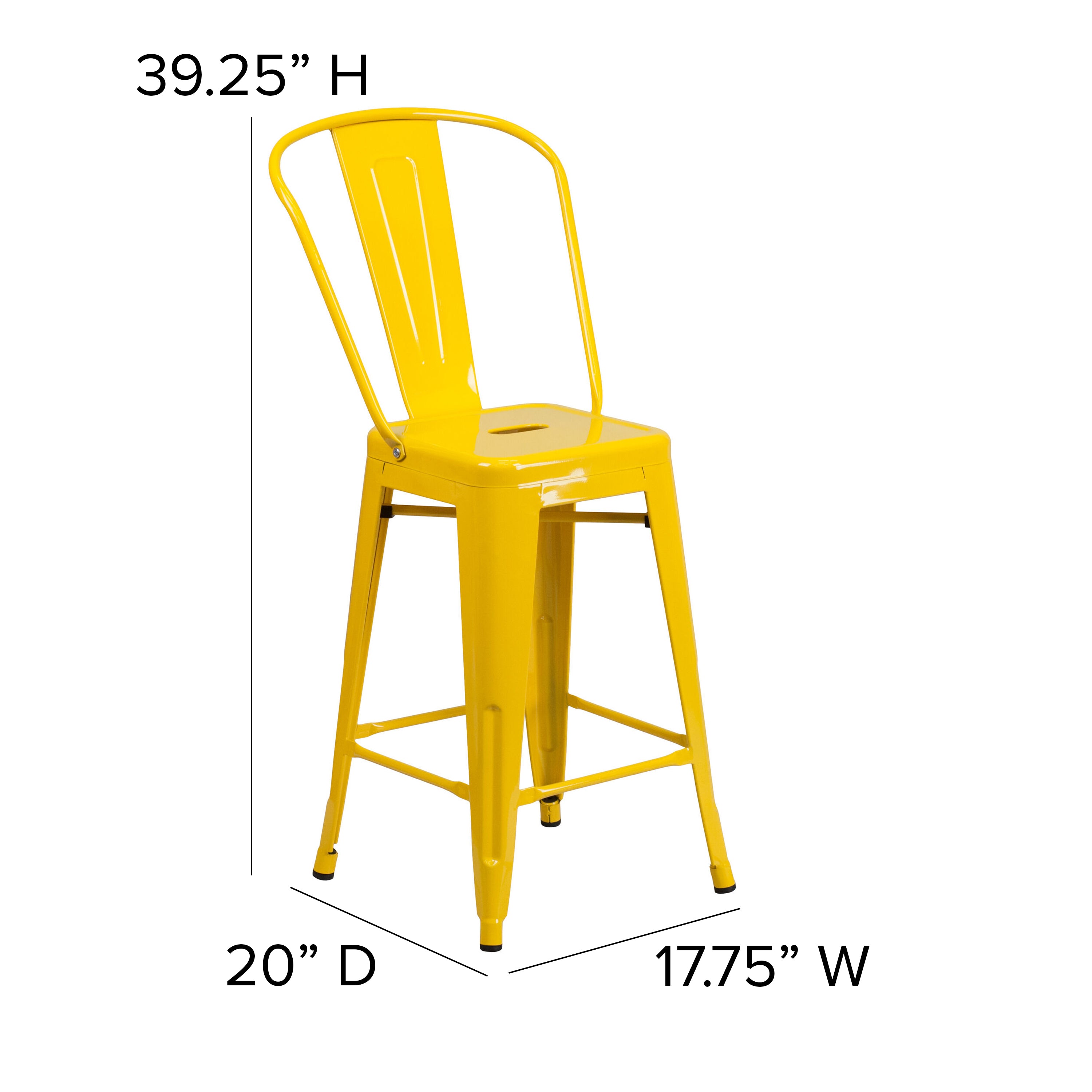 Kai Commercial Grade 24" High Yellow Metal Indoor-Outdoor Counter Height Stool with Removable Back