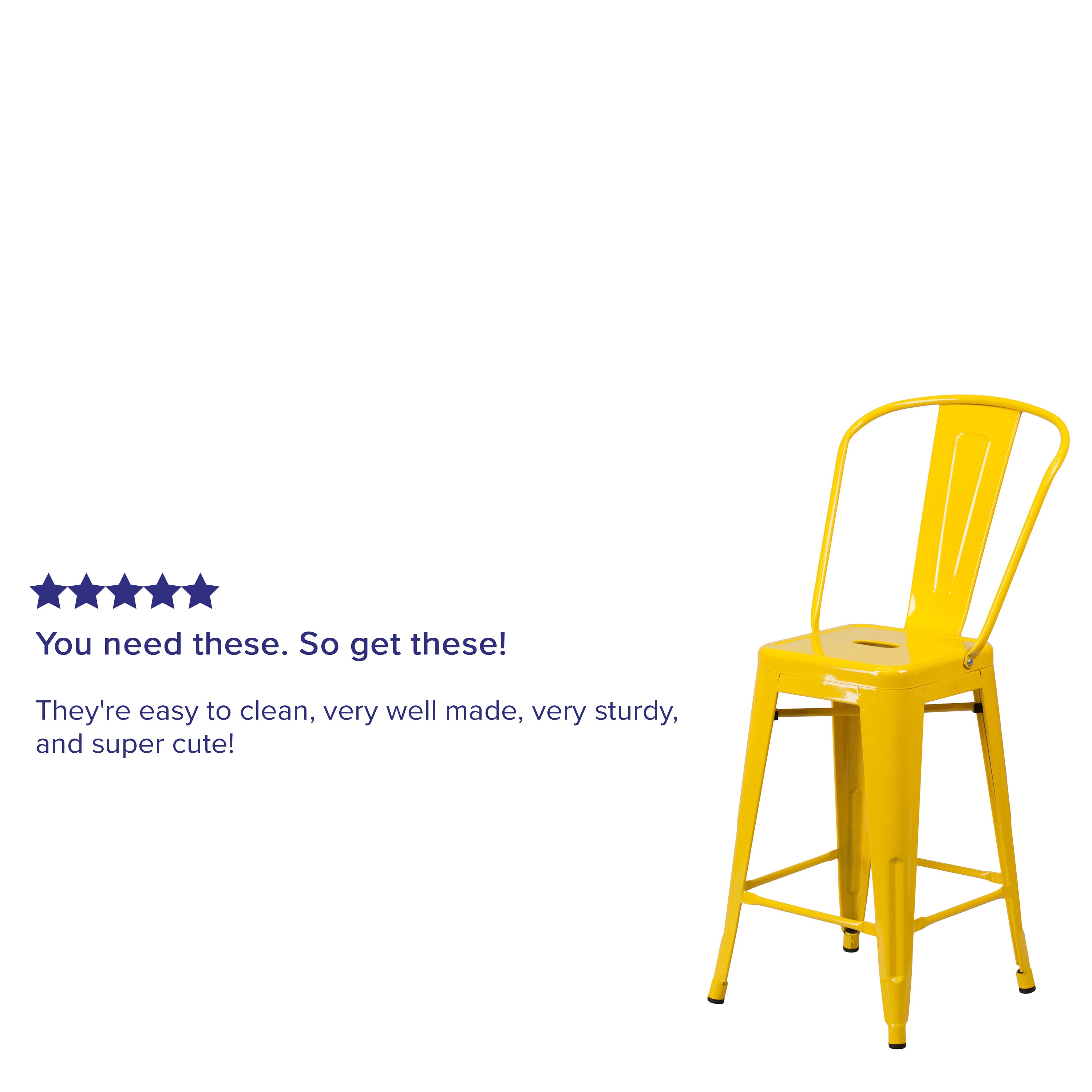 Kai Commercial Grade 24" High Yellow Metal Indoor-Outdoor Counter Height Stool with Removable Back