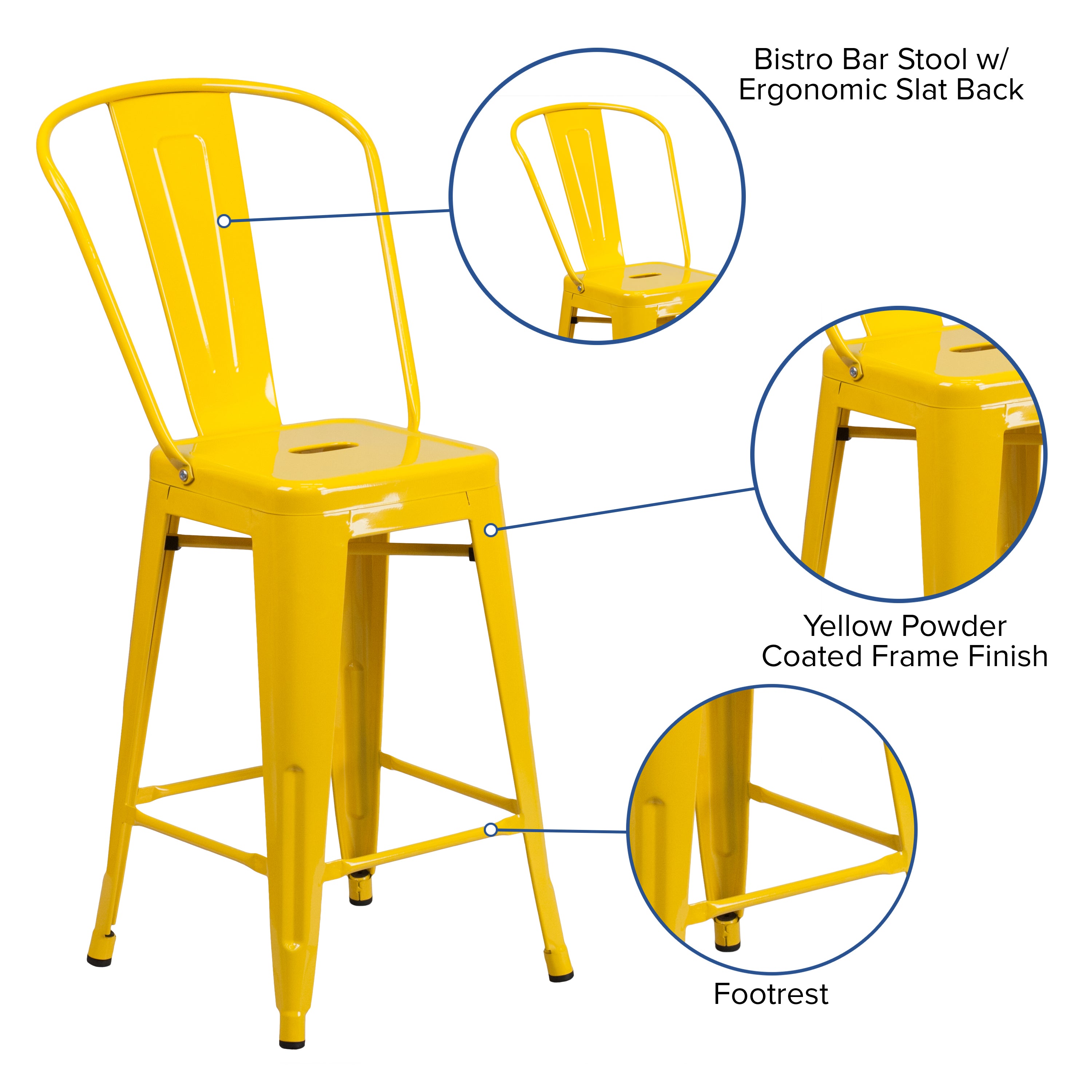 Kai Commercial Grade 24" High Yellow Metal Indoor-Outdoor Counter Height Stool with Removable Back
