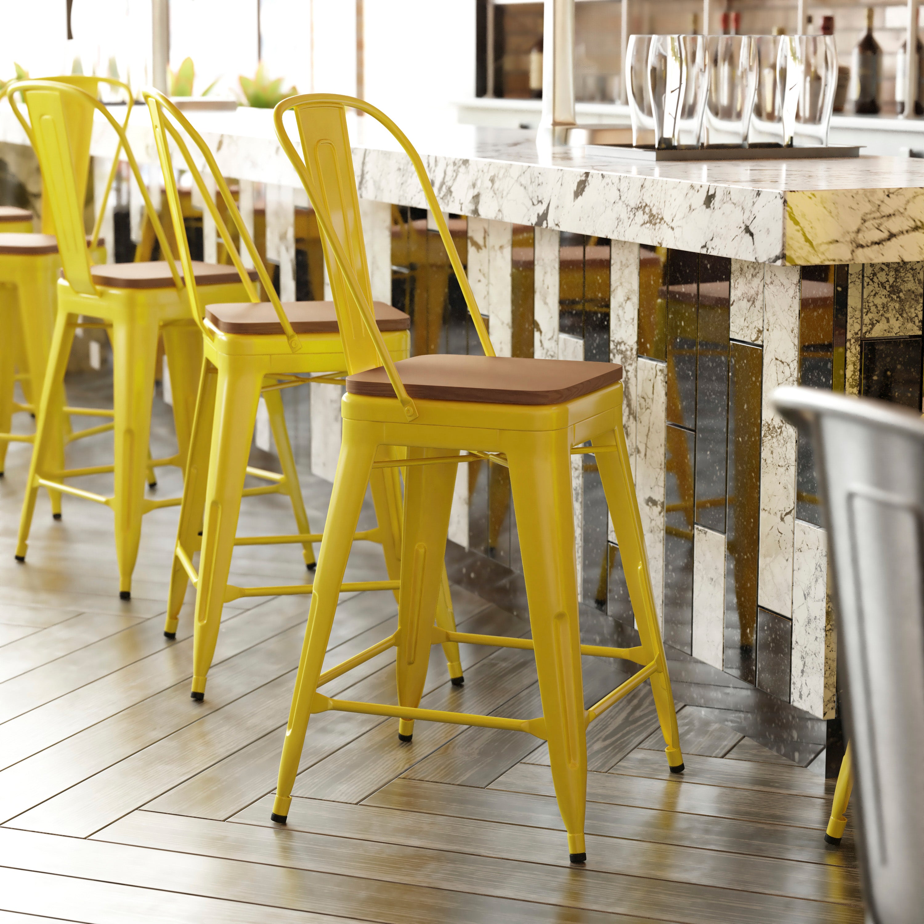 Kai Commercial Grade 24" High Yellow Metal Indoor-Outdoor Counter Height Stool with Removable Back and Teak All-Weather Poly Resin Seat