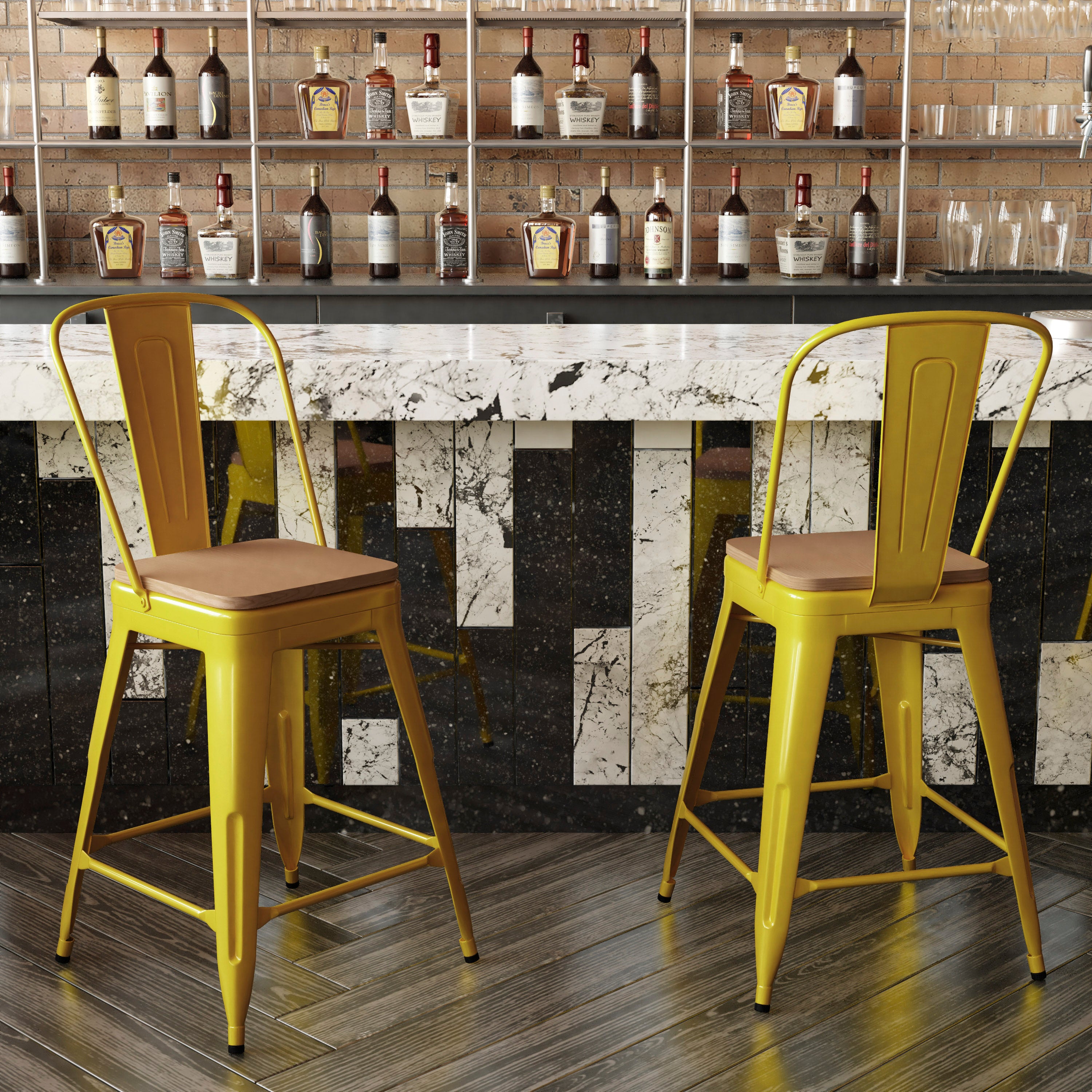 Kai Commercial Grade 24" High Yellow Metal Indoor-Outdoor Counter Height Stool with Removable Back and Teak All-Weather Poly Resin Seat