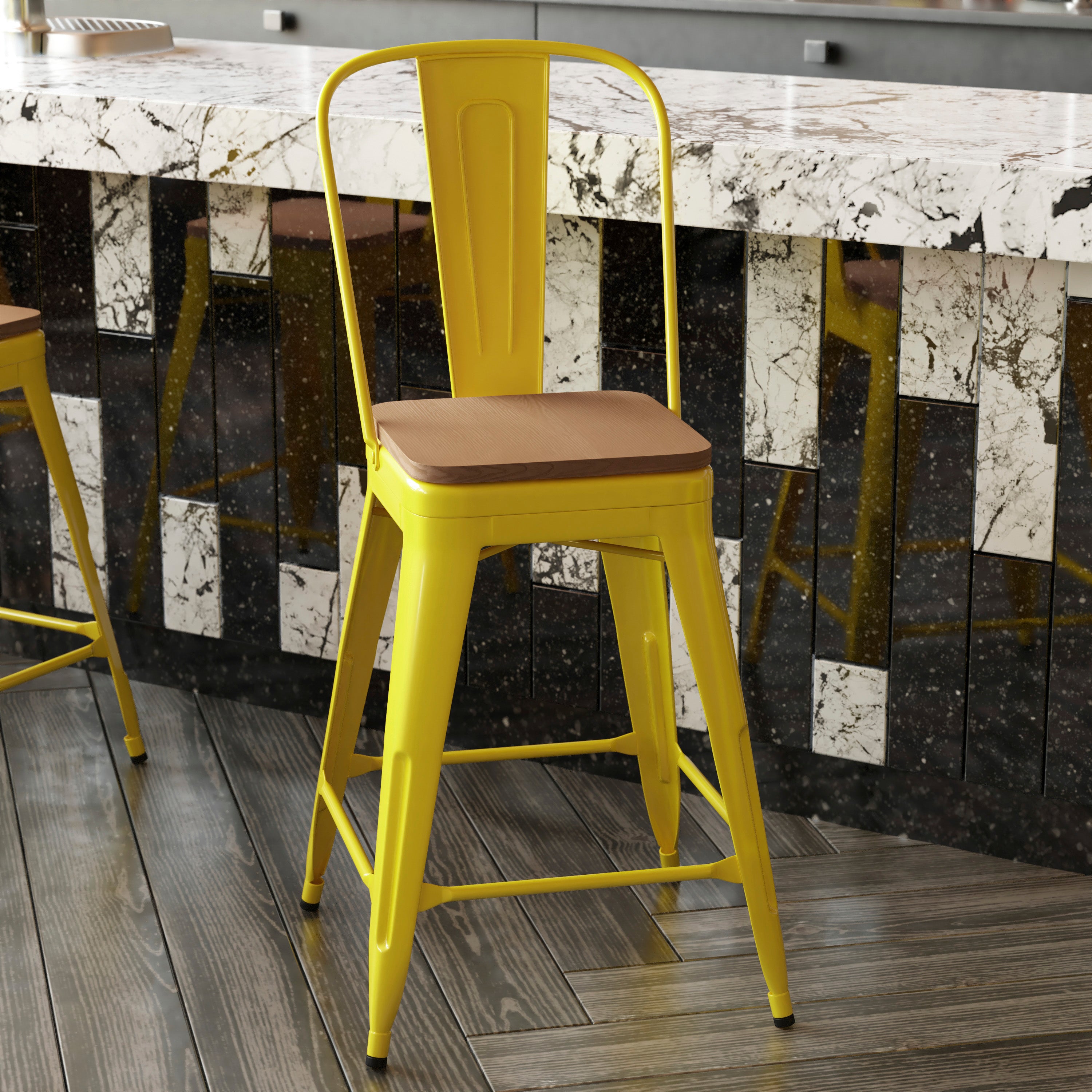 Kai Commercial Grade 24" High Yellow Metal Indoor-Outdoor Counter Height Stool with Removable Back and Teak All-Weather Poly Resin Seat
