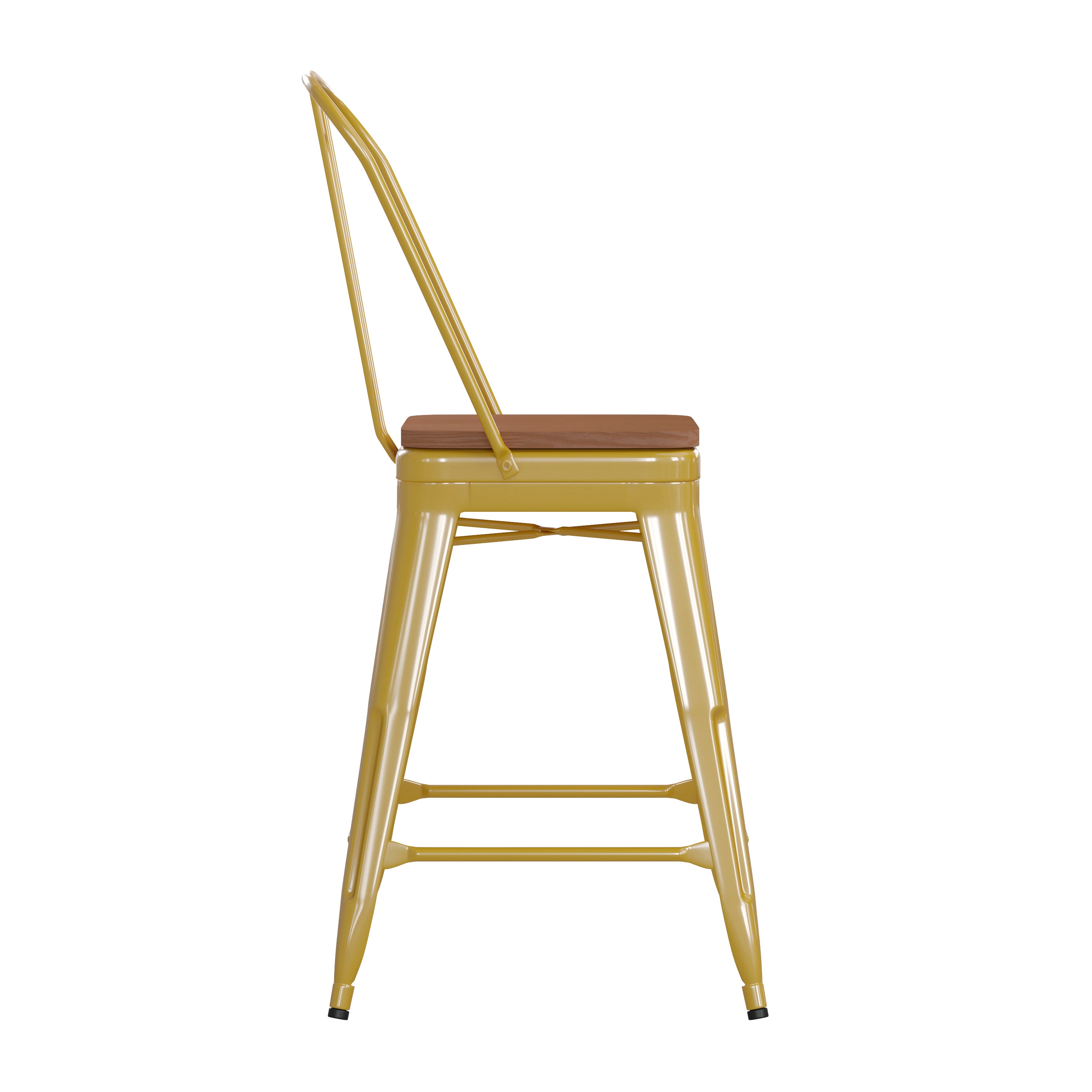 Kai Commercial Grade 24" High Yellow Metal Indoor-Outdoor Counter Height Stool with Removable Back and Teak All-Weather Poly Resin Seat