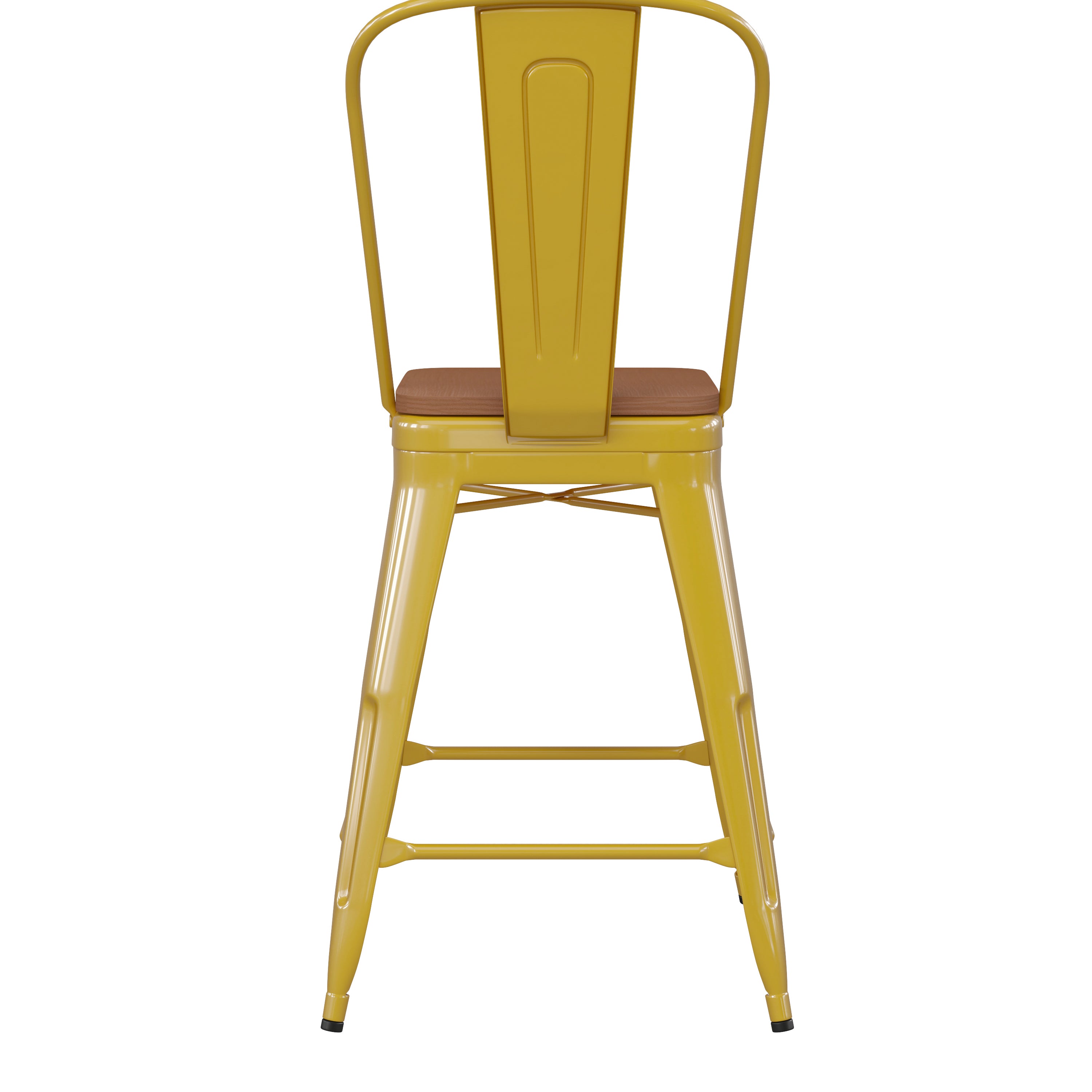 Kai Commercial Grade 24" High Yellow Metal Indoor-Outdoor Counter Height Stool with Removable Back and Teak All-Weather Poly Resin Seat