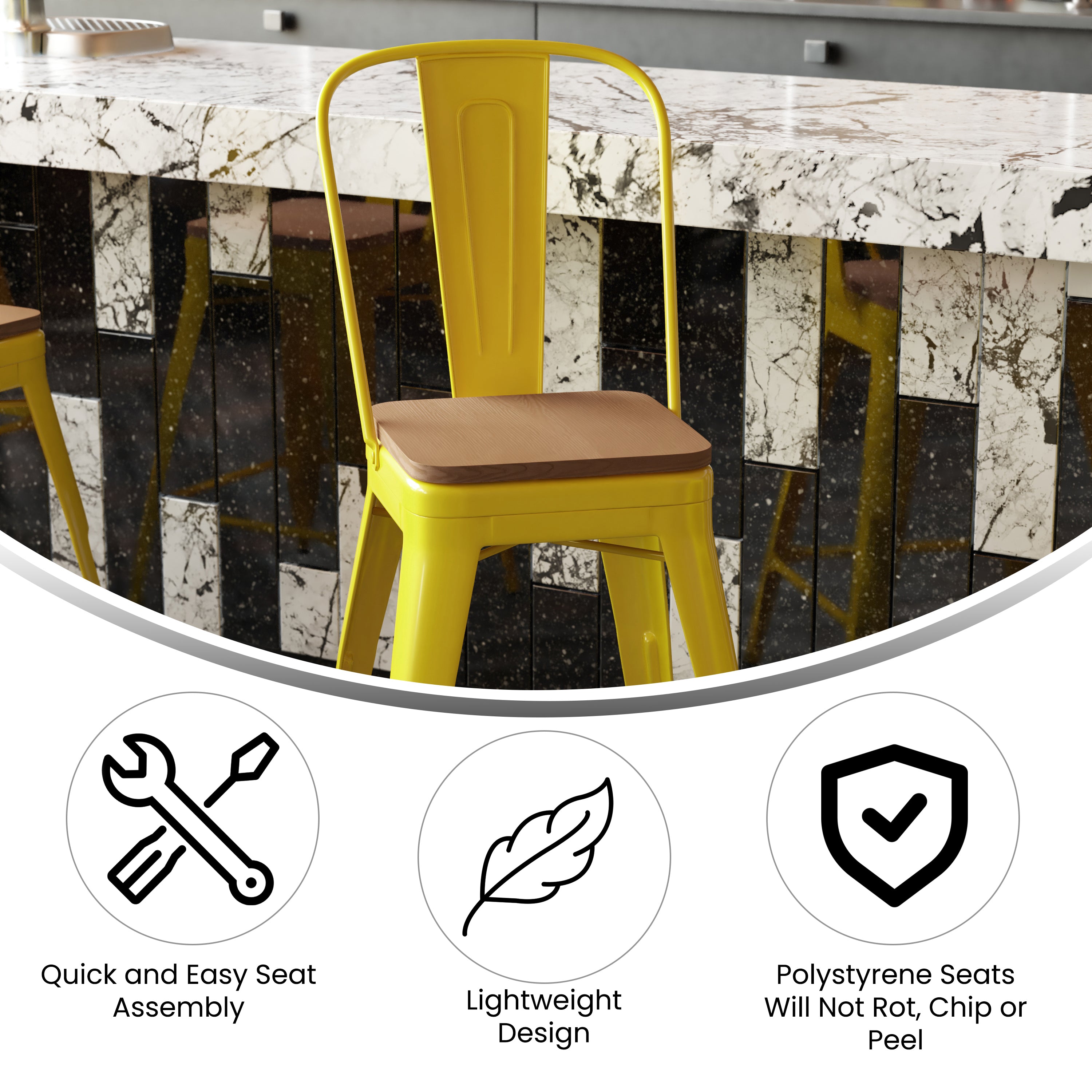 Kai Commercial Grade 24" High Yellow Metal Indoor-Outdoor Counter Height Stool with Removable Back and Teak All-Weather Poly Resin Seat