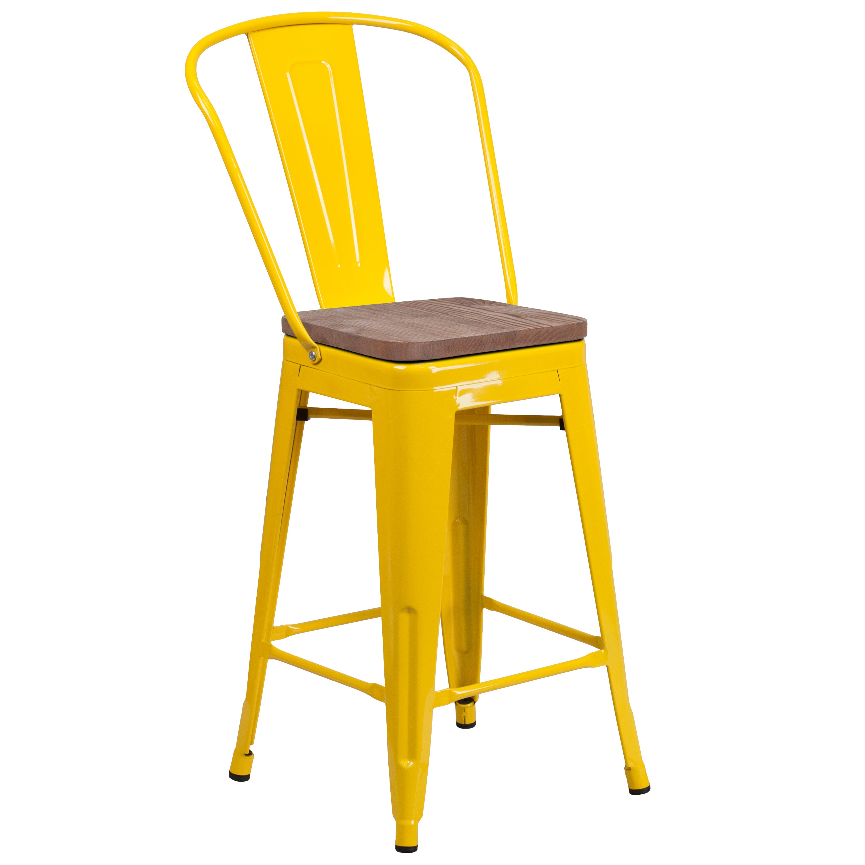 Lily 24" High Yellow Metal Counter Height Stool with Back and Wood Seat