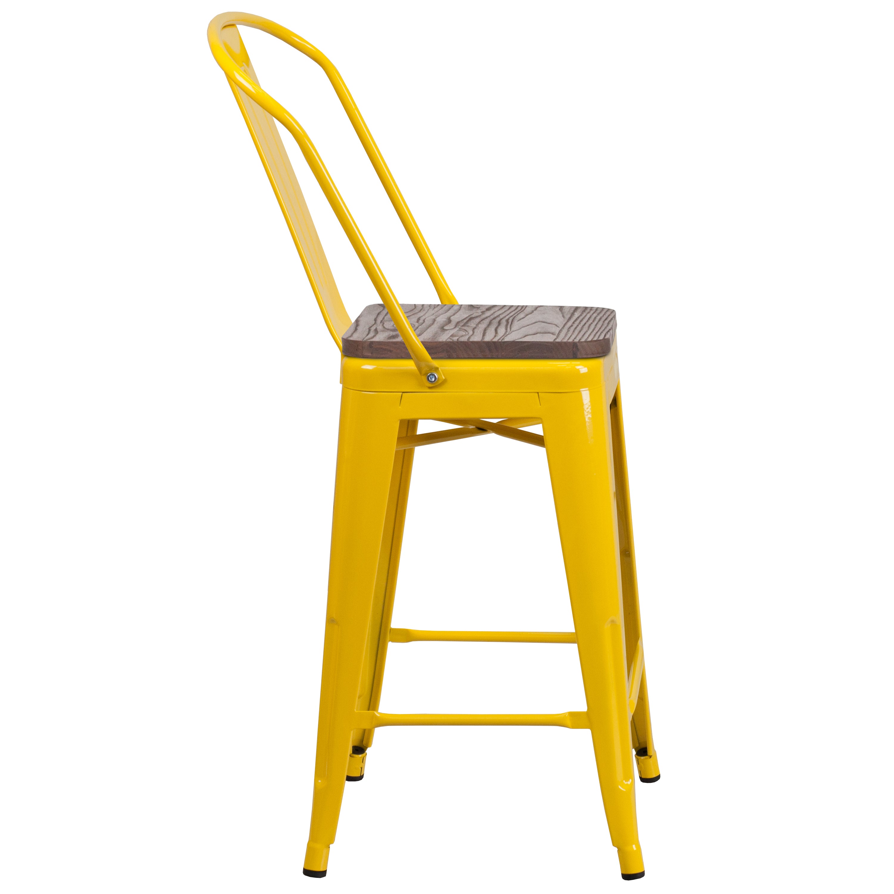 Lily 24" High Yellow Metal Counter Height Stool with Back and Wood Seat