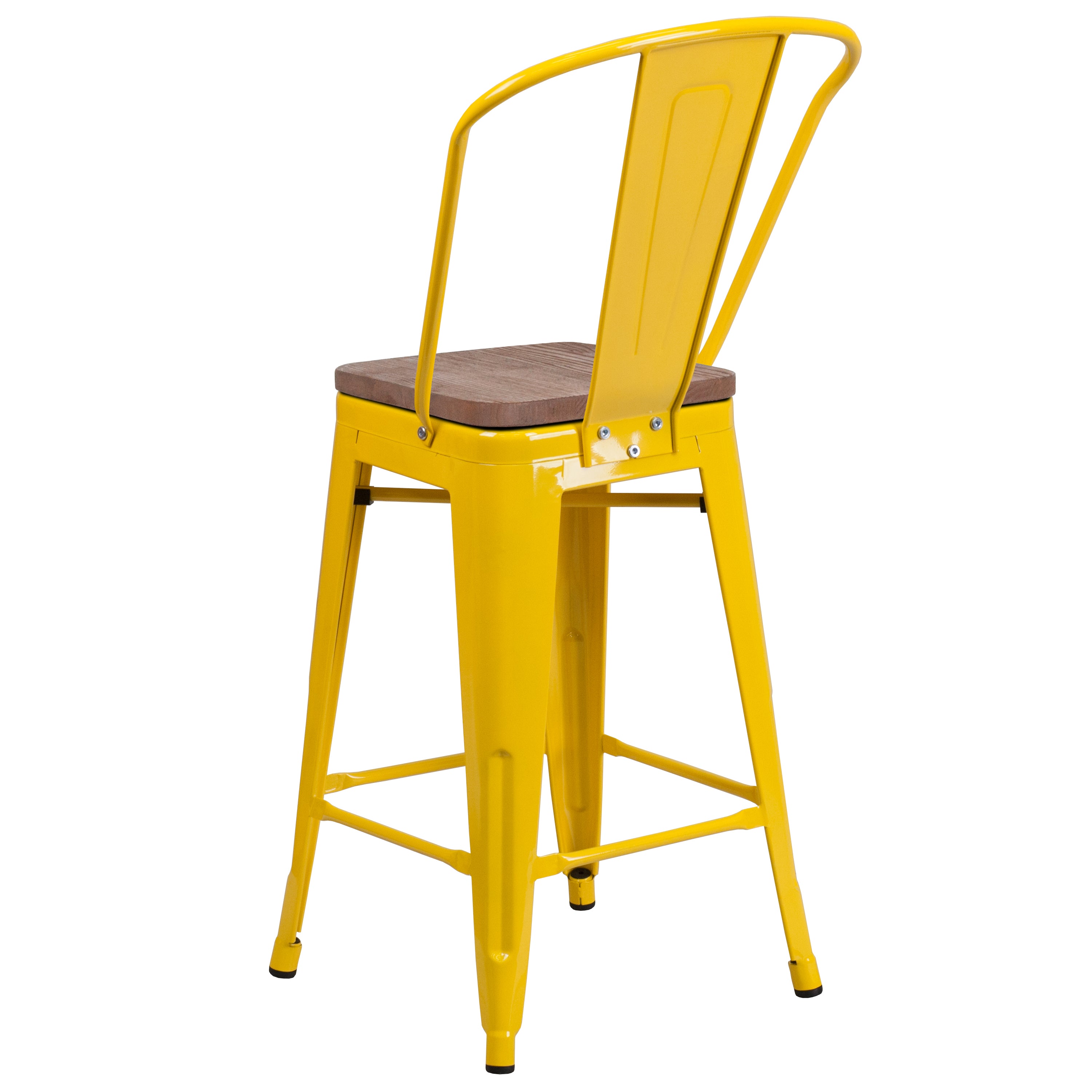 Lily 24" High Yellow Metal Counter Height Stool with Back and Wood Seat