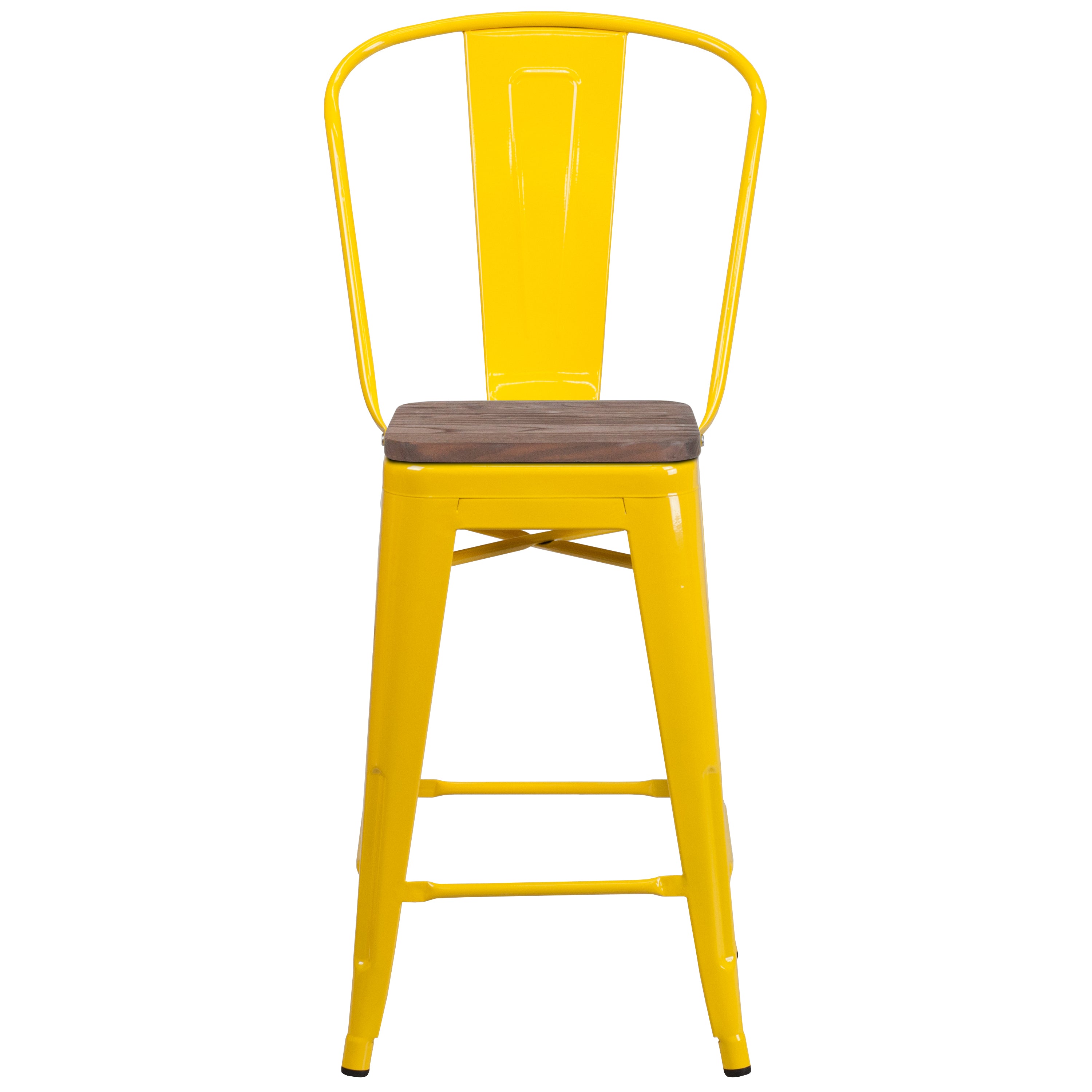Lily 24" High Yellow Metal Counter Height Stool with Back and Wood Seat