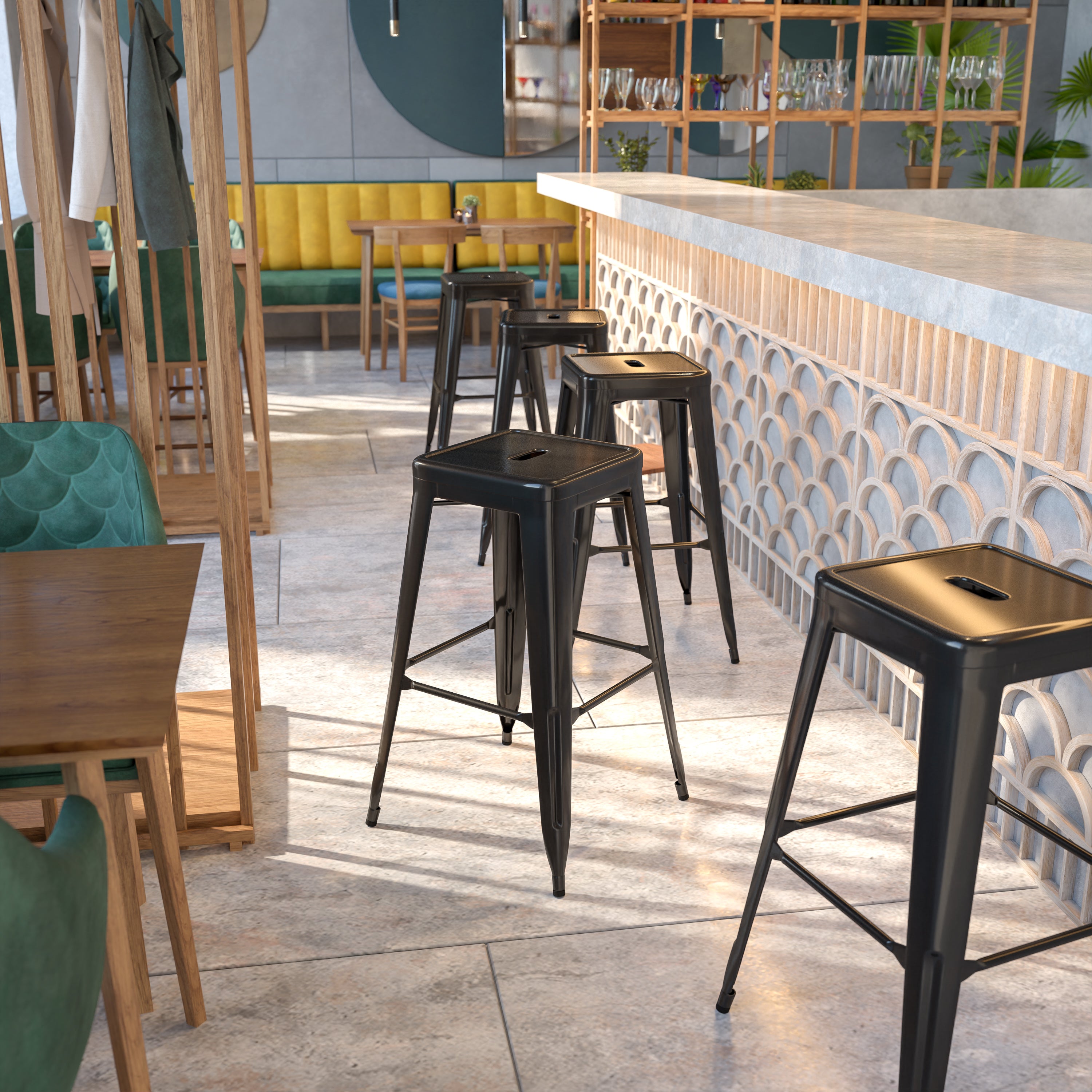 Kai Commercial Grade 30" High Backless Black Metal Indoor-Outdoor Barstool with Square Seat
