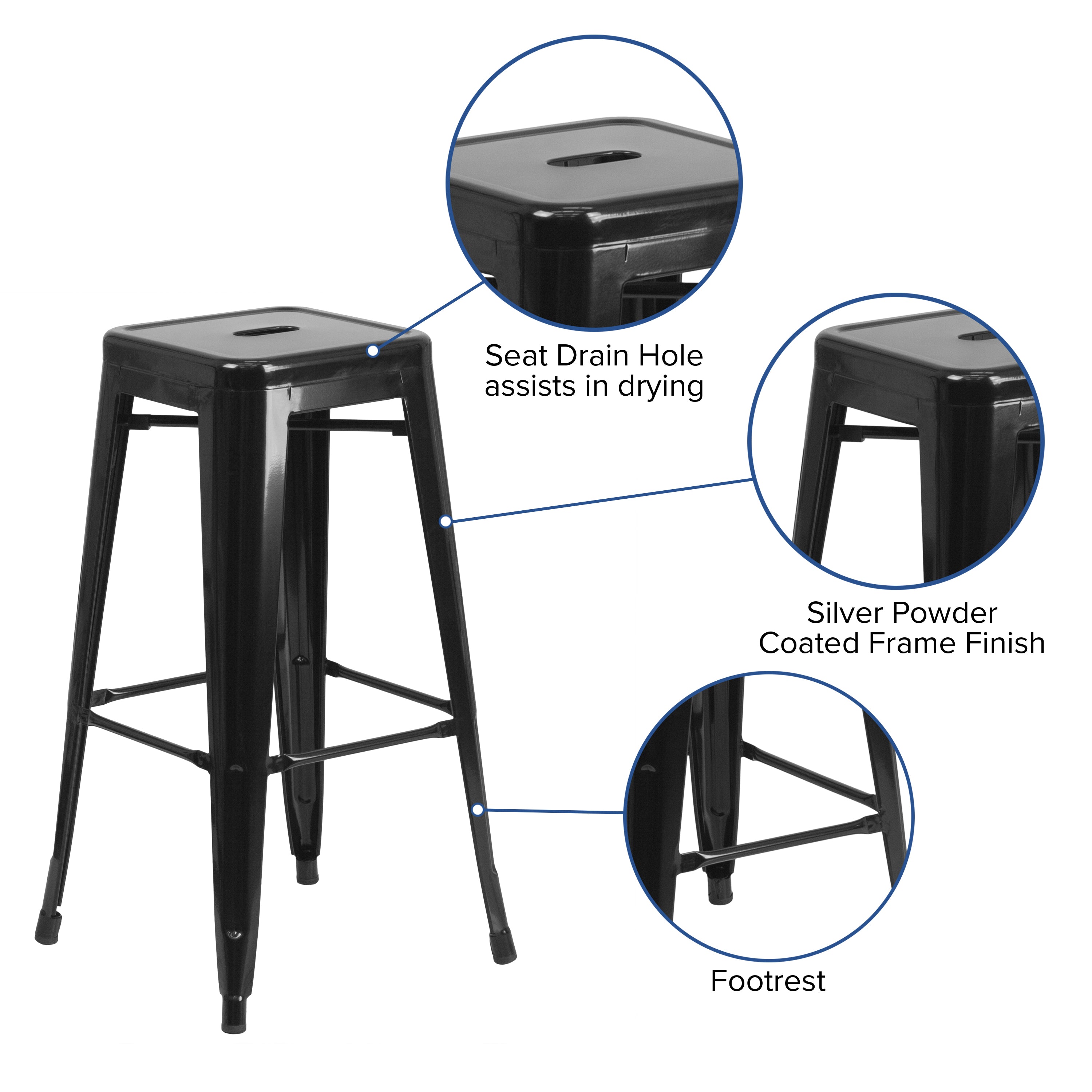 Kai Commercial Grade 30" High Backless Black Metal Indoor-Outdoor Barstool with Square Seat