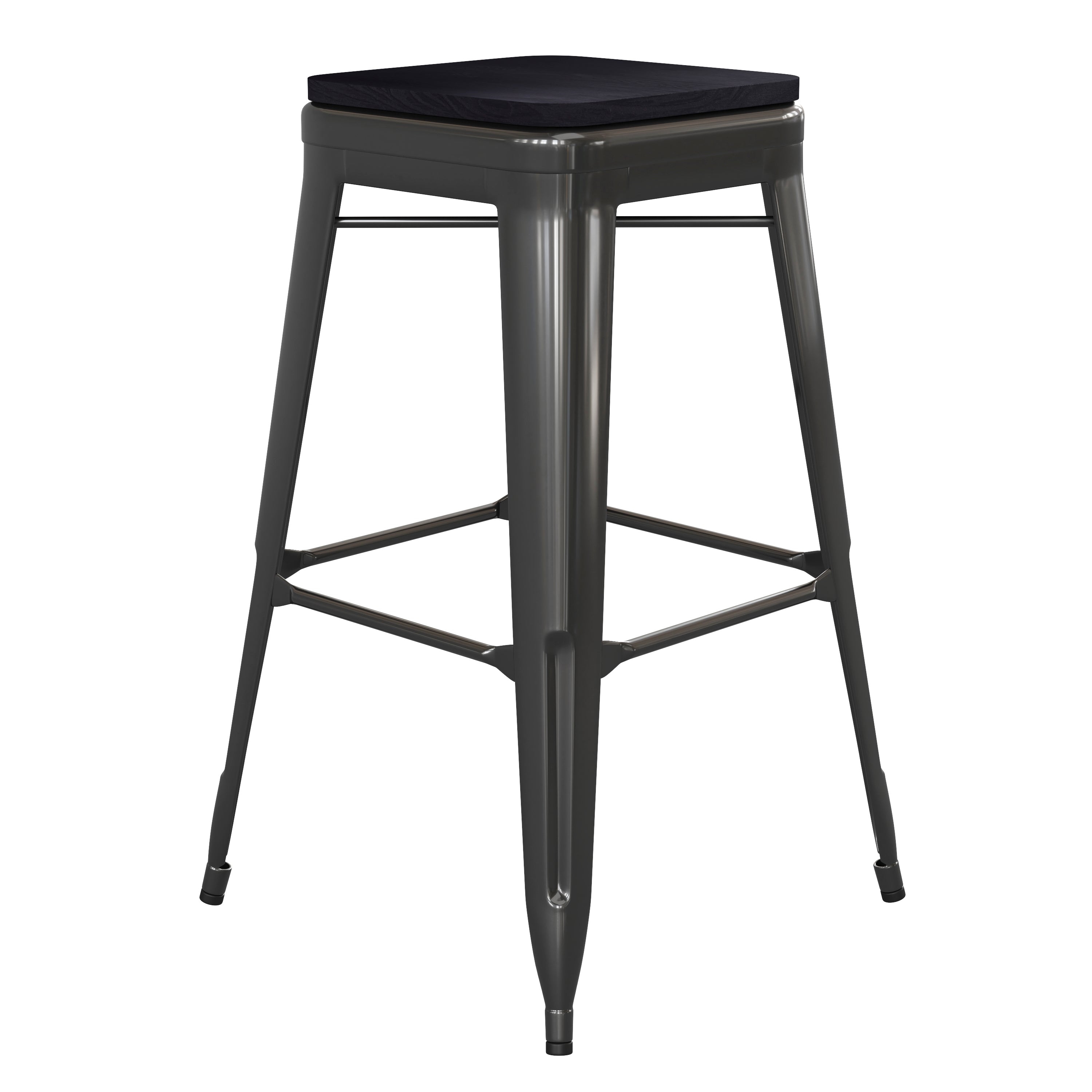 Kai Commercial Grade 30" High Backless Black Metal Indoor-Outdoor Barstool with Black Poly Resin Wood Seat